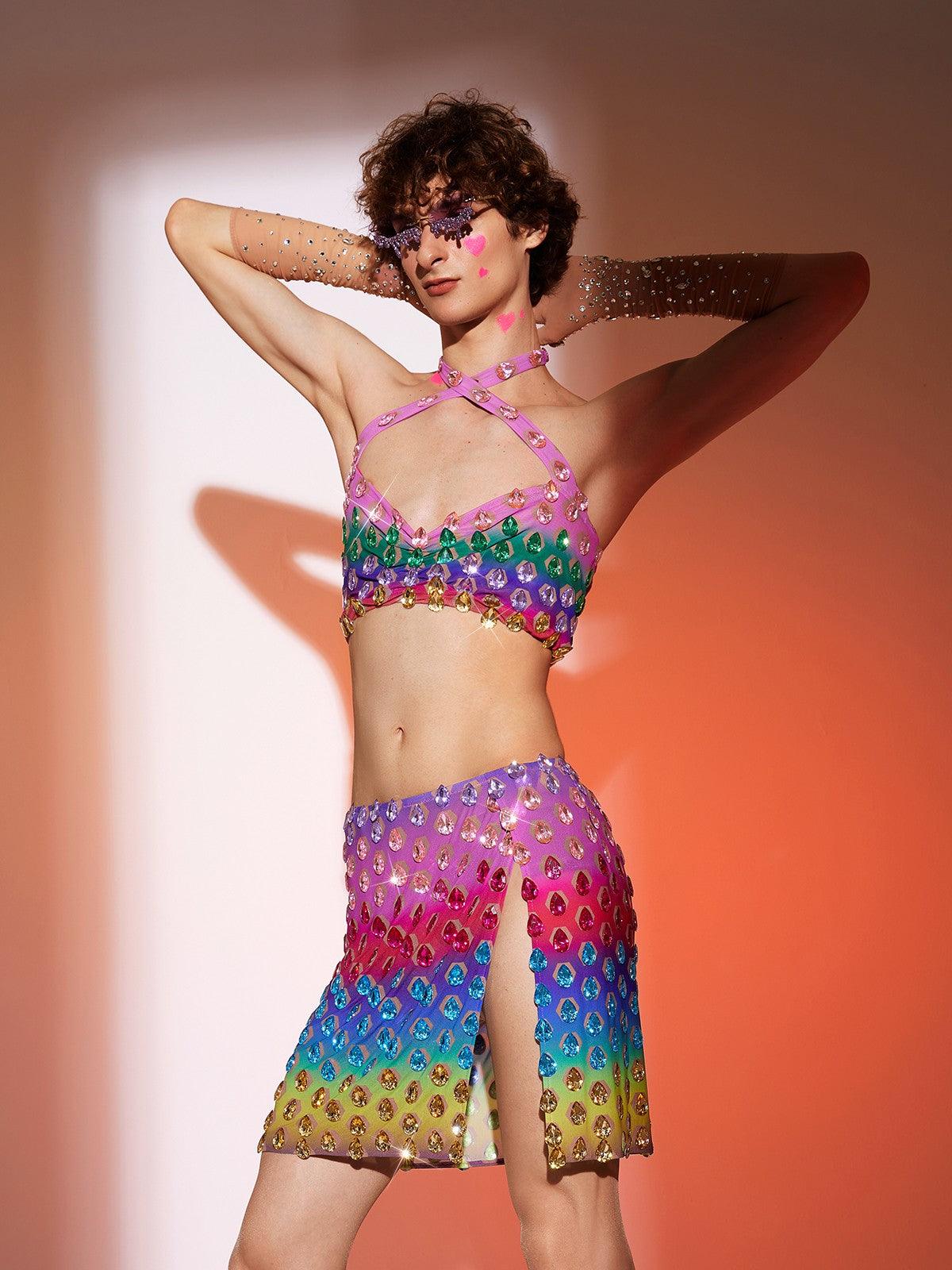 Micaiah Halterneck Rainbow Rhinestone Top Set