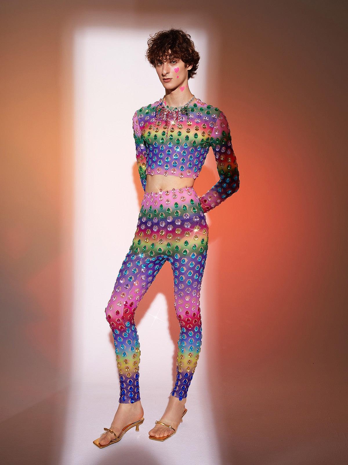Micaiah Long Sleeve Rainbow Rhinestone Pants Set