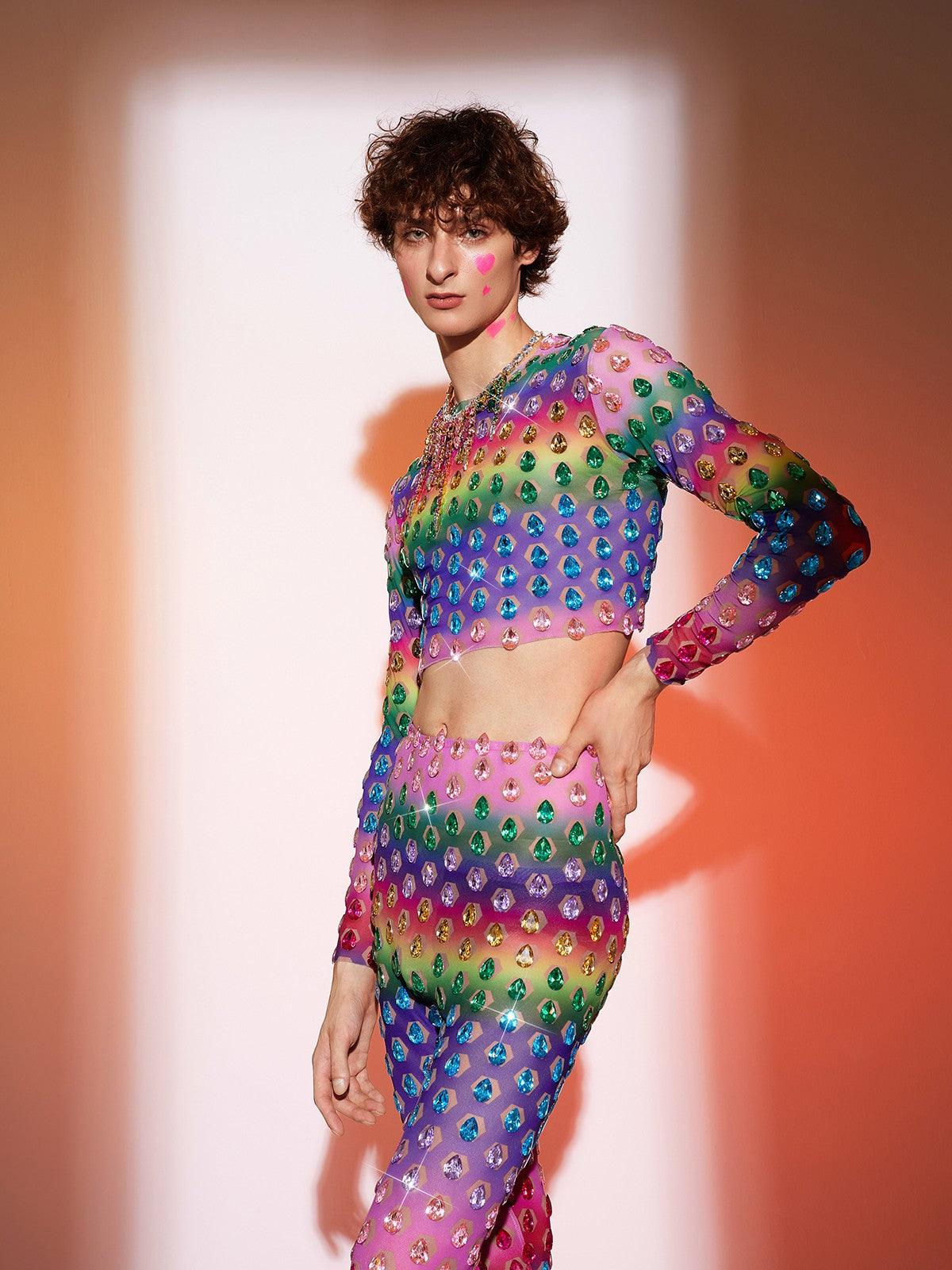 Micaiah Long Sleeve Rainbow Rhinestone Pants Set