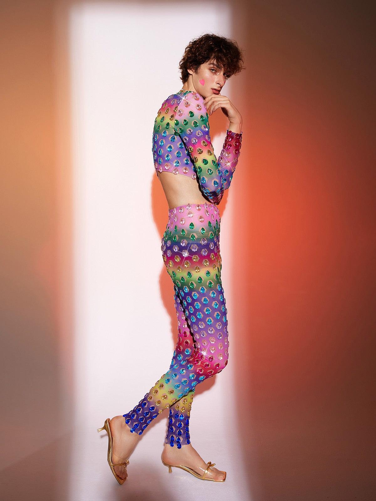 Micaiah Long Sleeve Rainbow Rhinestone Pants Set