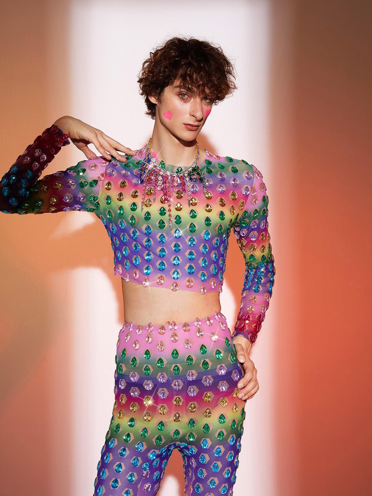 Micaiah Long Sleeve Rainbow Rhinestone Pants Set