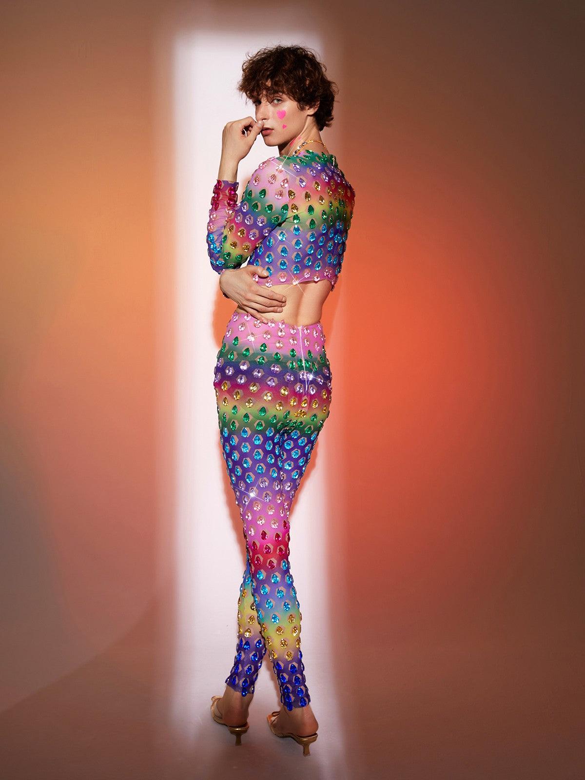 Micaiah Long Sleeve Rainbow Rhinestone Pants Set