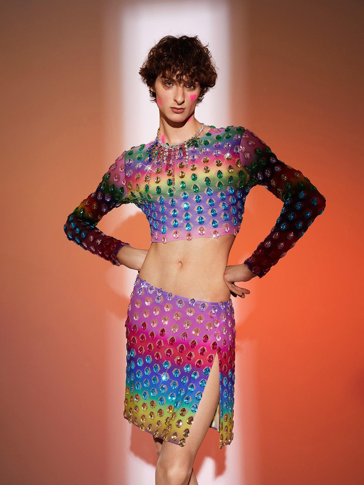 Micaiah Long Sleeve Rainbow Rhinestone Top Set