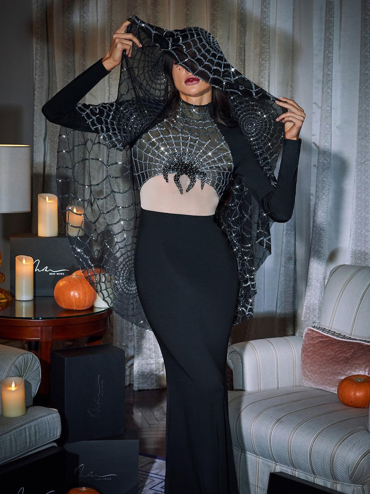 Mikki Long Sleeve Sequin Cobweb Maxi Dress