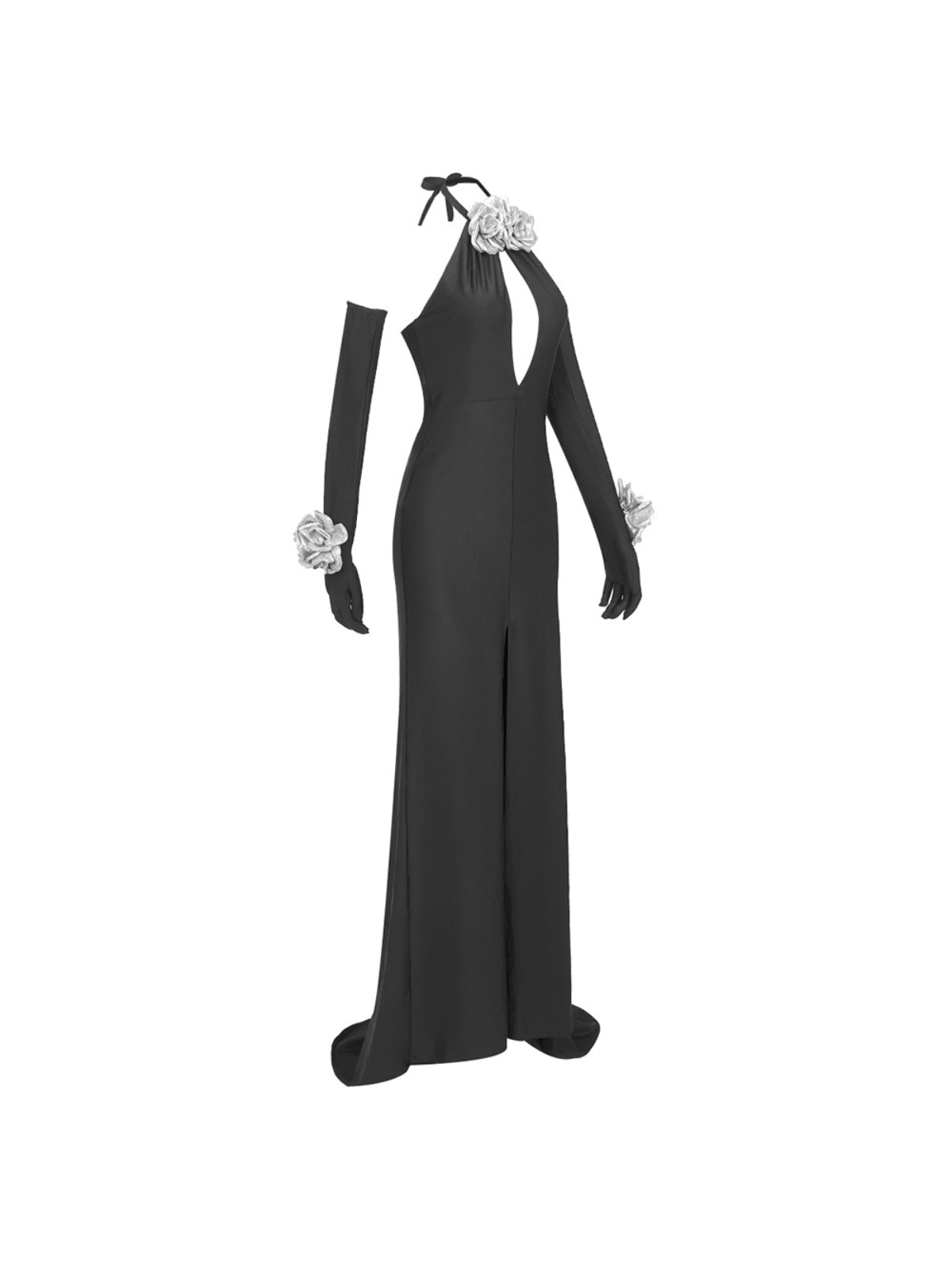 Milo Halterneck Flower Split Dress With Gloves