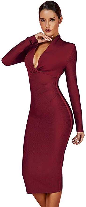 Full Sleeve Bandage party Dress-Brown