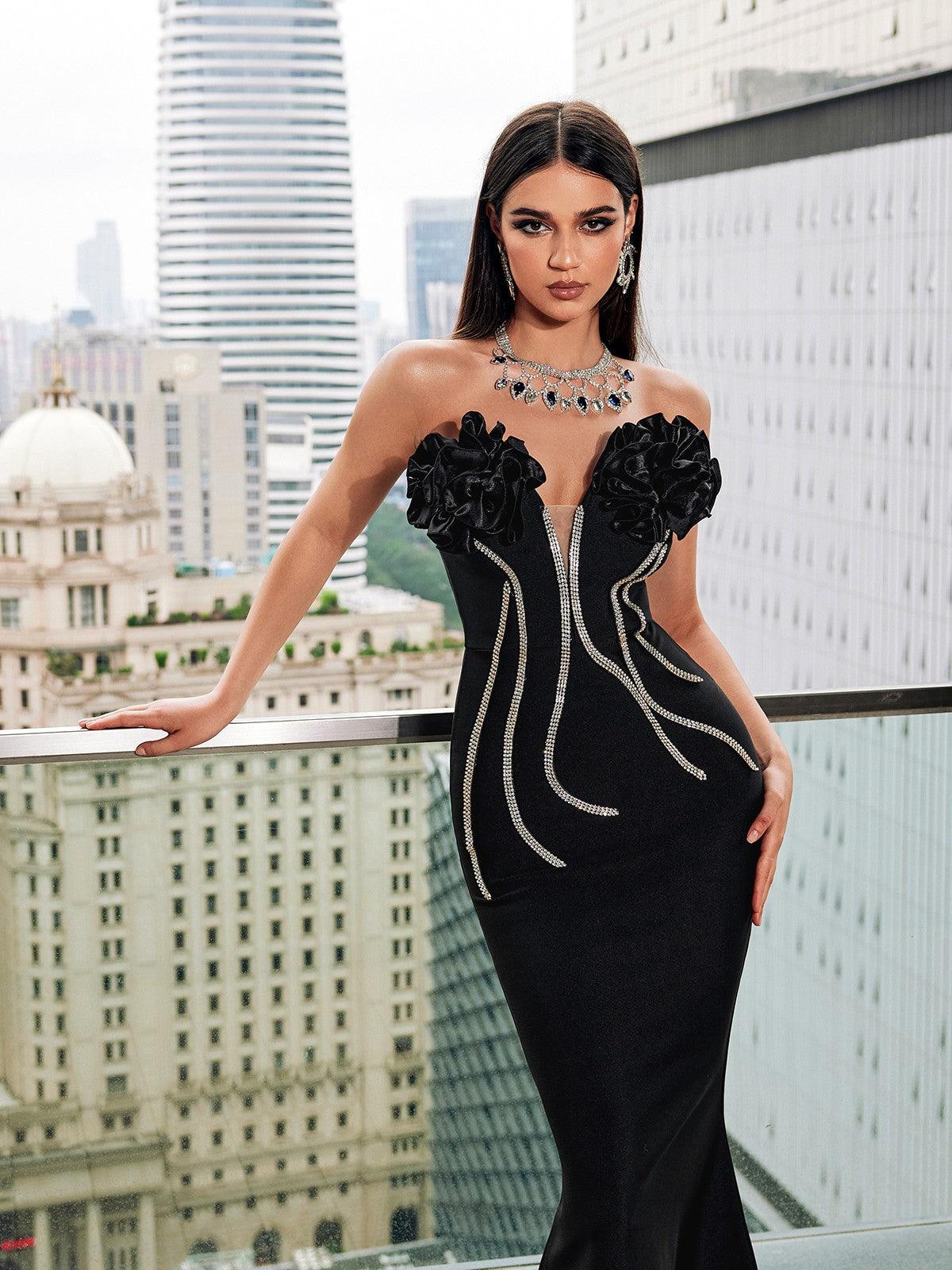 Musa Strapless Crystal Flower Bandage Dress In Black