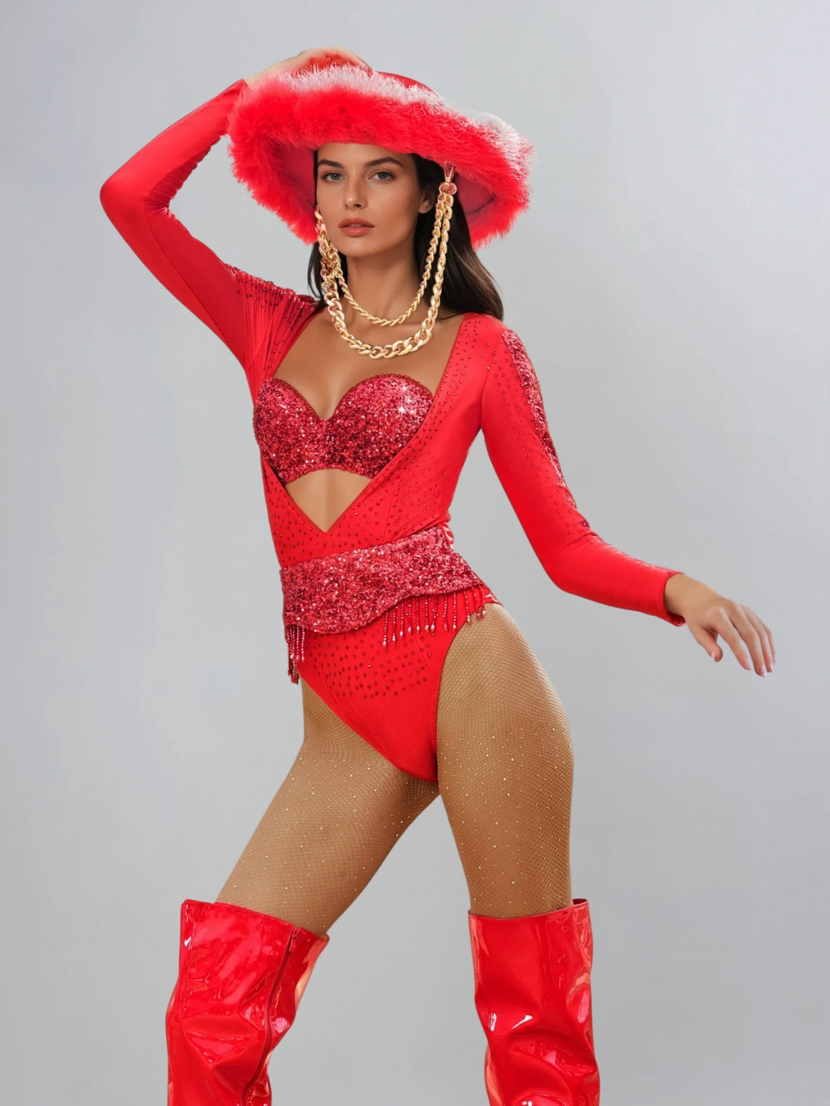 Myren Long Sleeve Rhinestone Cutout Bodysuit