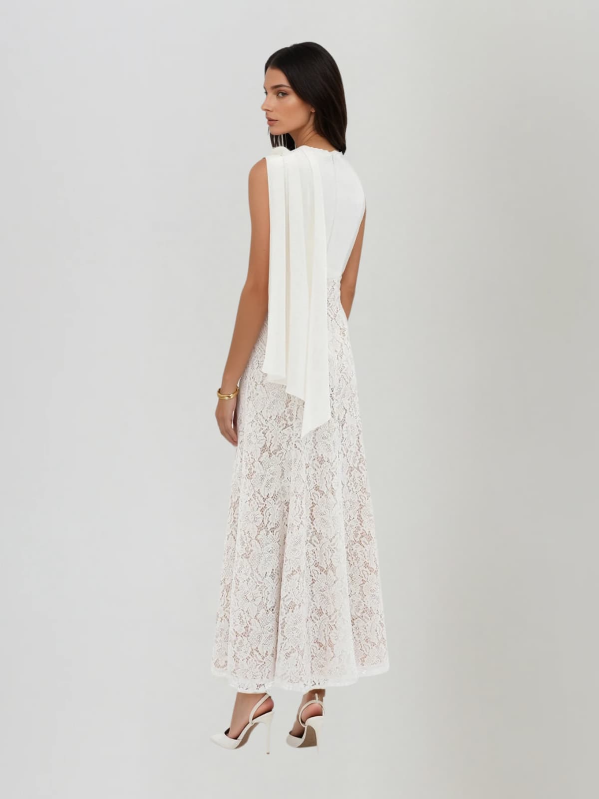 Naerix Sleeveless Lace Draped Maxi Dress