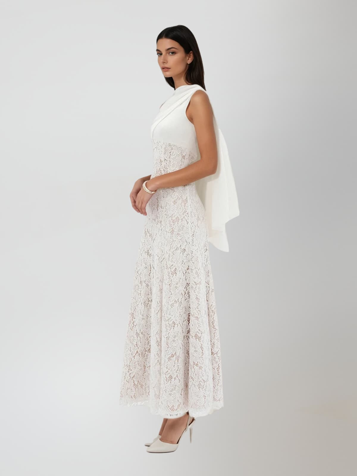 Naerix Sleeveless Lace Draped Maxi Dress