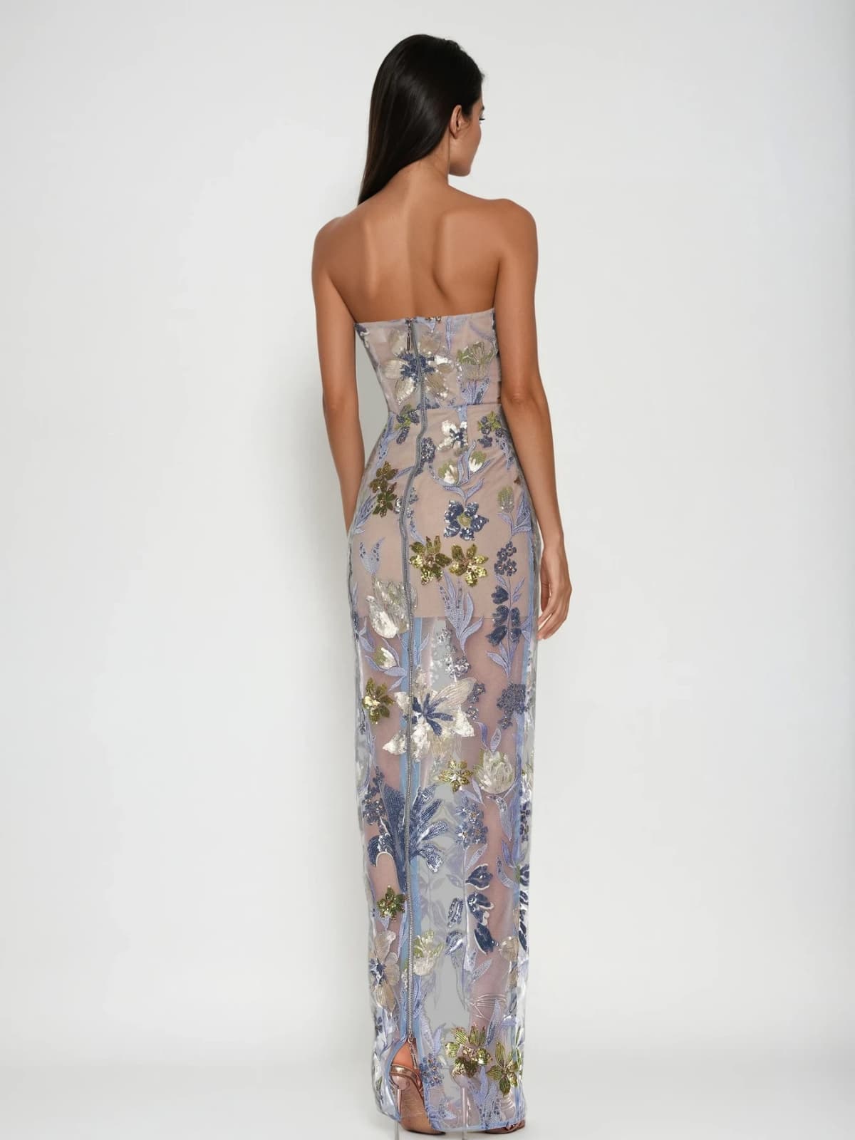 Nakoa Strapless Sequin Embroidered Maxi Dress In Blue