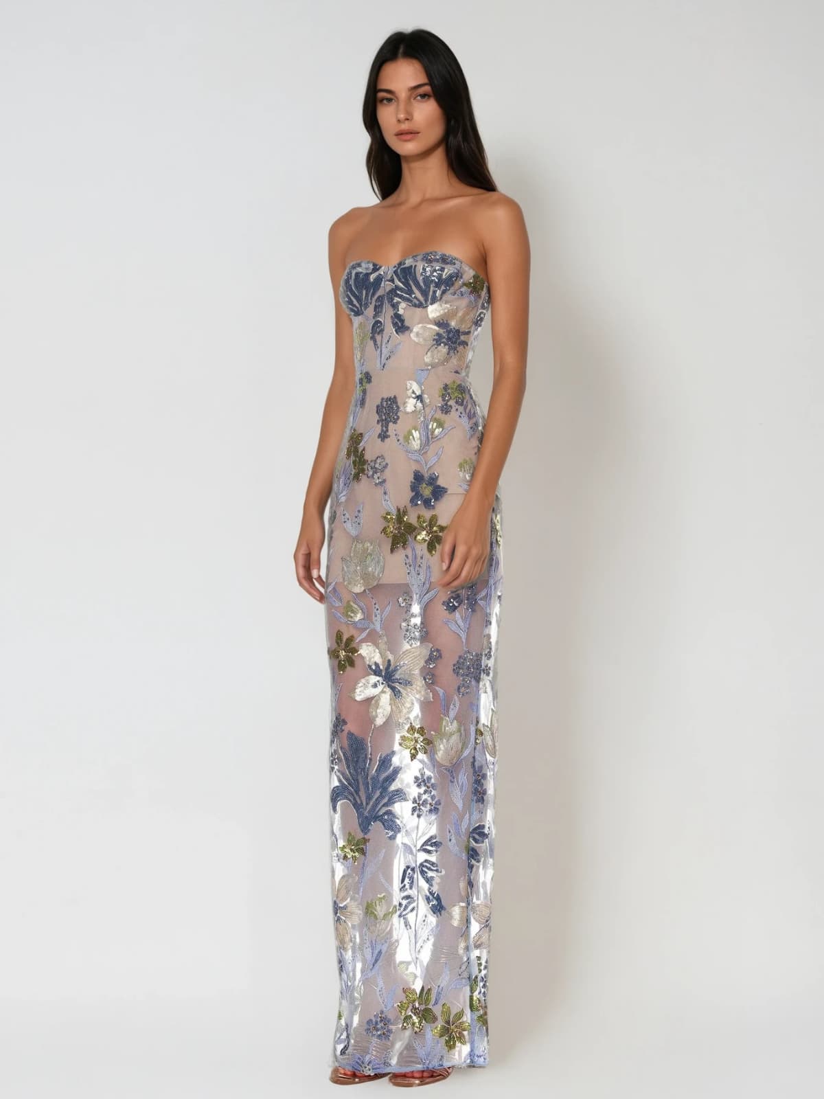 Nakoa Strapless Sequin Embroidered Maxi Dress In Blue