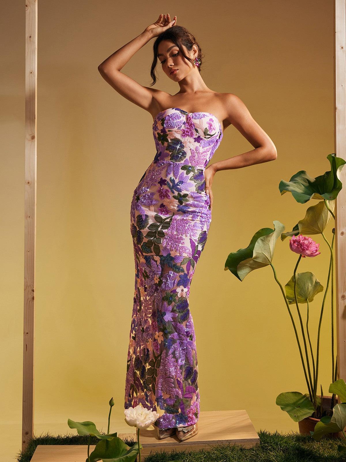 Nakoa Strapless Sequin Embroidered Maxi Dress In Purple