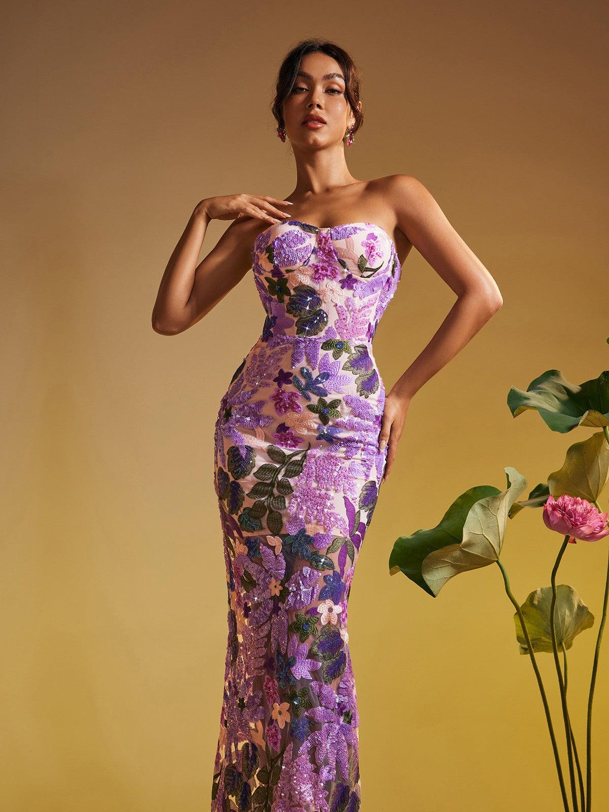 Nakoa Strapless Sequin Embroidered Maxi Dress In Purple