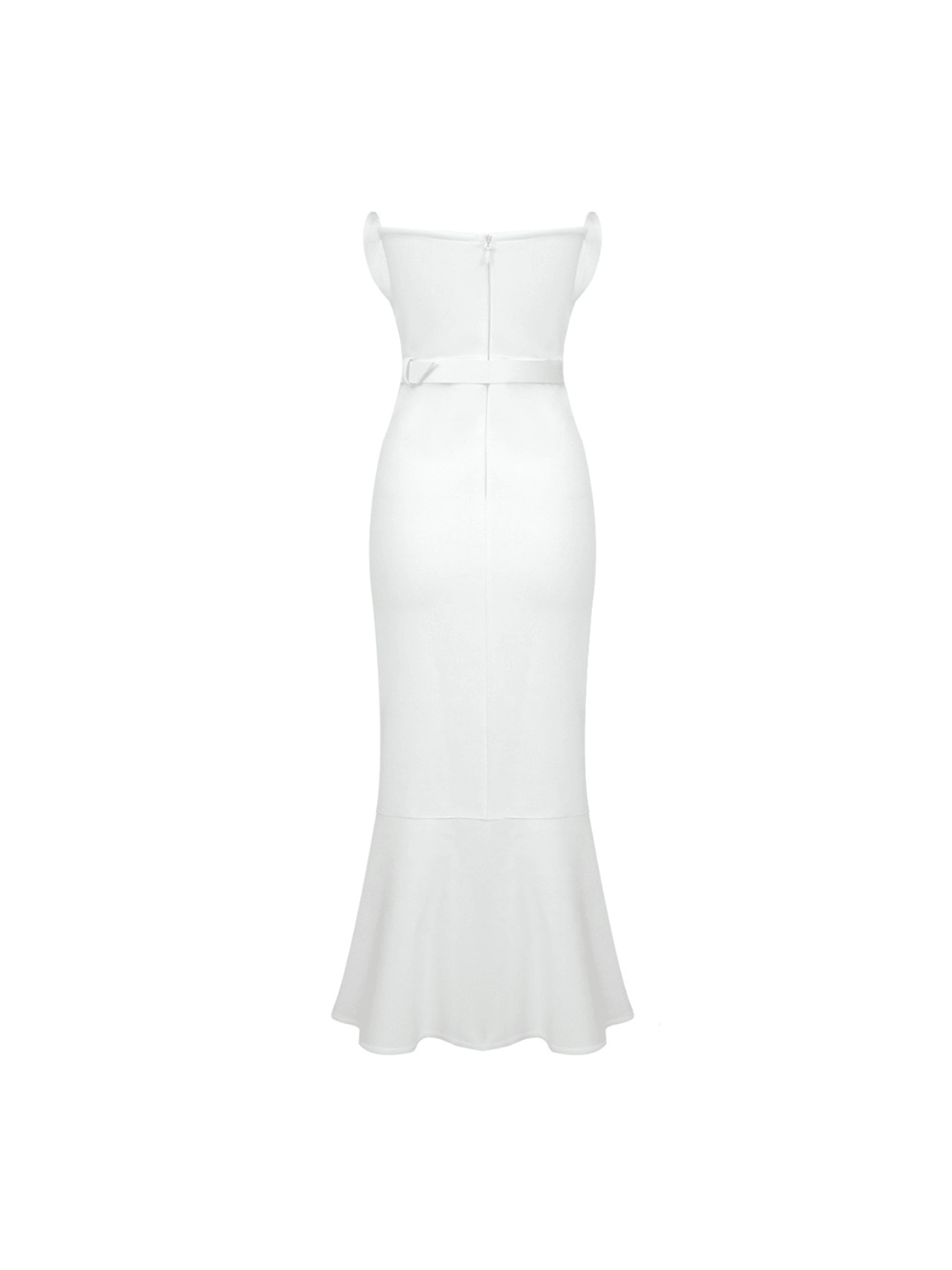 Stunning white bandage dress with a sweetheart neckline, split hem, and belt.  Perfect for cocktails or special events.  Features a strapless design and figure-flattering fit.