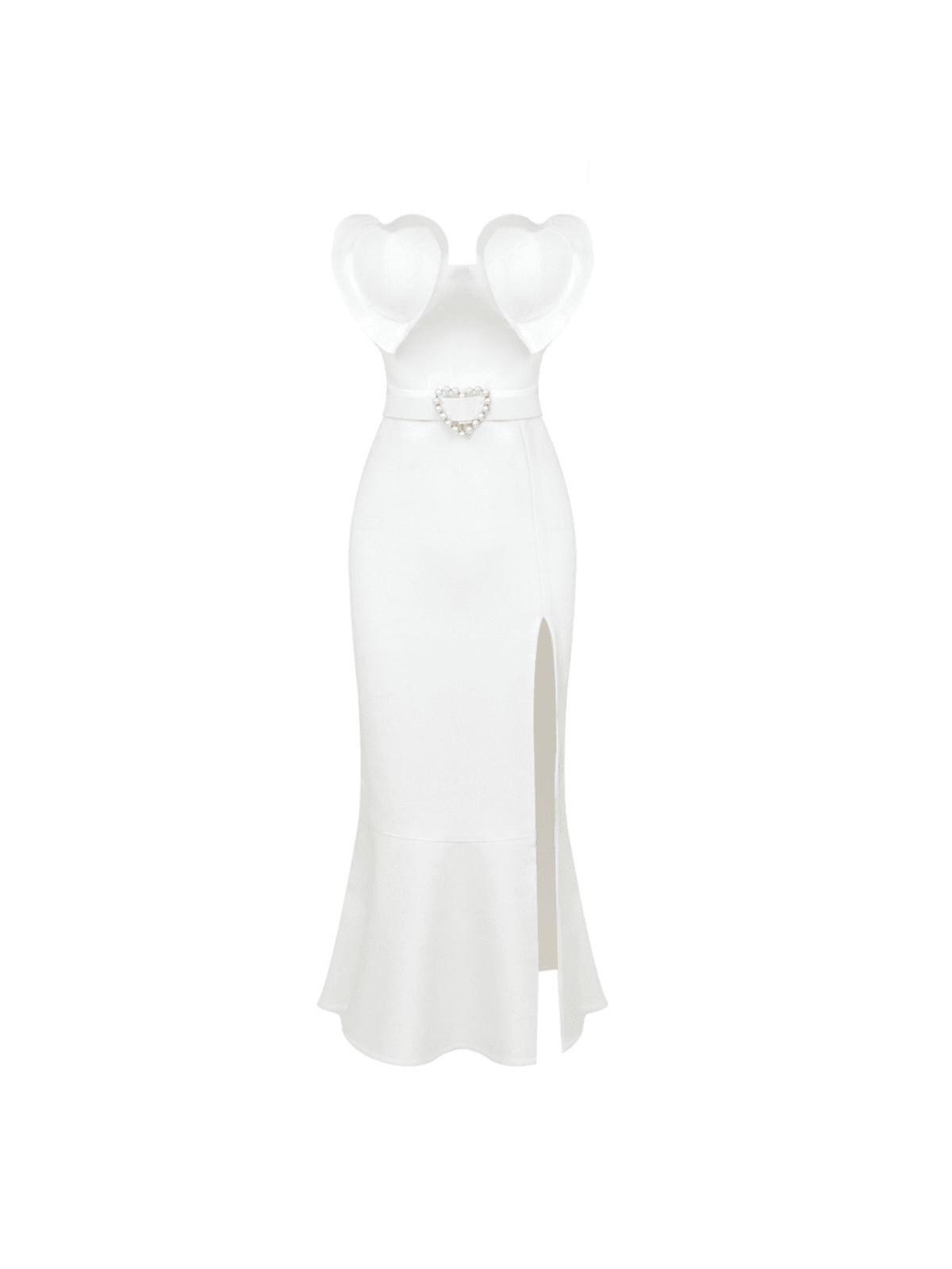 Stunning white bandage dress with a sweetheart neckline, split hem, and belt.  Perfect for cocktails or special events.  Features a strapless design and figure-flattering fit.
