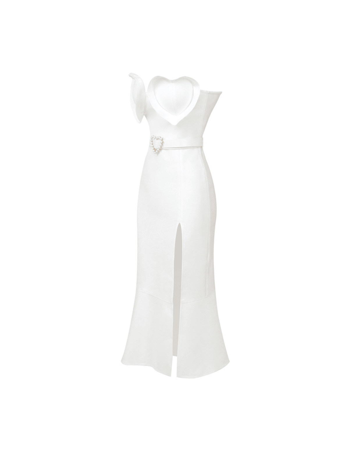 Stunning white bandage dress with a sweetheart neckline, split hem, and belt.  Perfect for cocktails or special events.  Features a strapless design and figure-flattering fit.