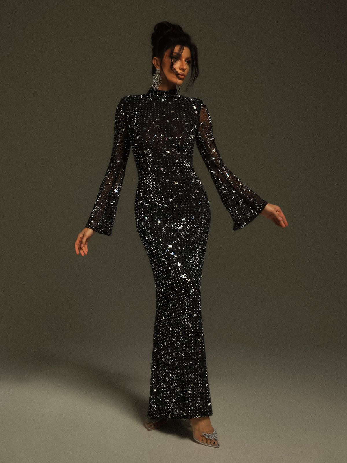 Natalja Long Sleeve Crystal Mesh Dress