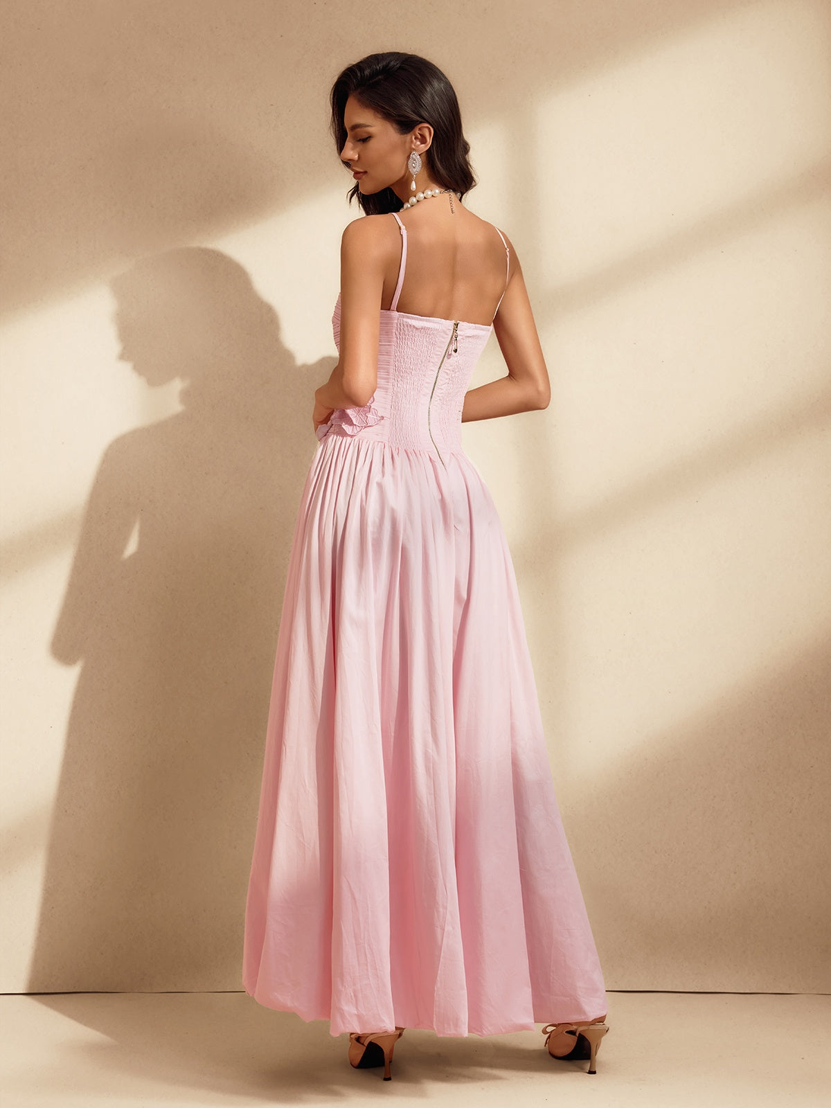 Nefret Spaghetti Flower Maxi Dress In Pink