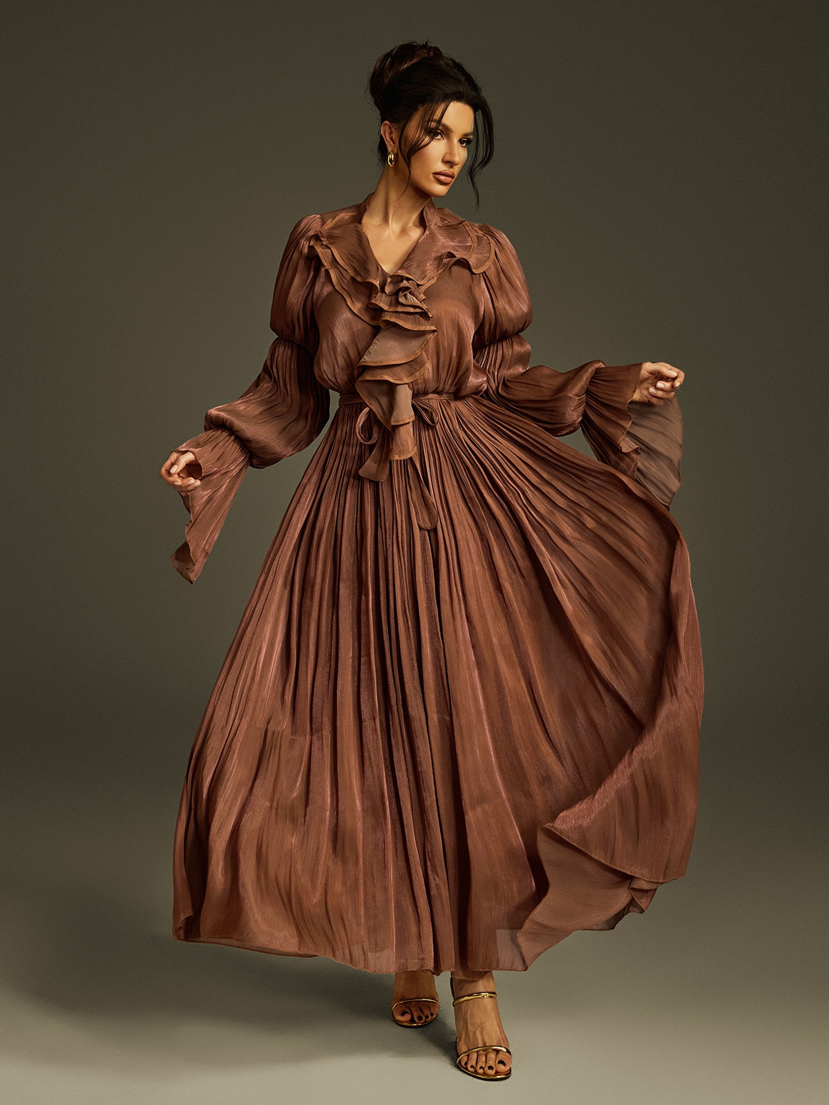 Nereus V Neck Ruffle Maxi Dress In Coffee