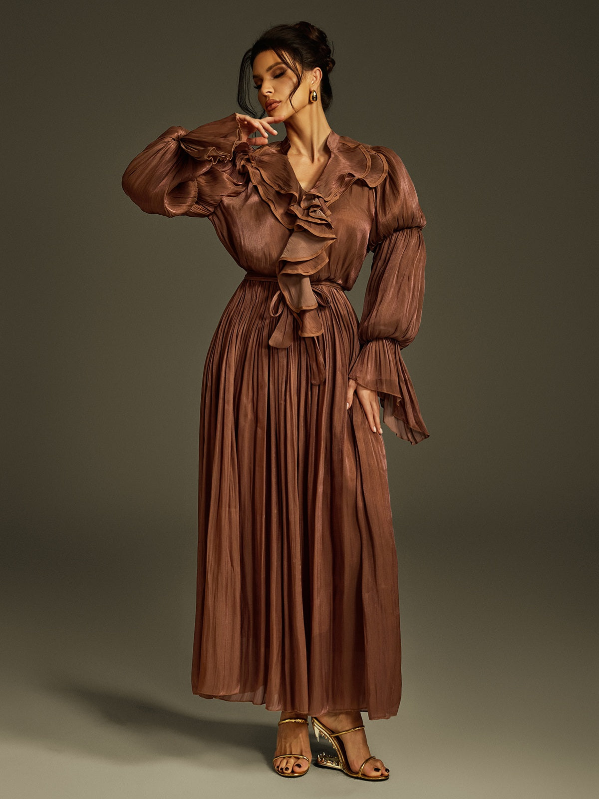 Nereus V Neck Ruffle Maxi Dress In Coffee