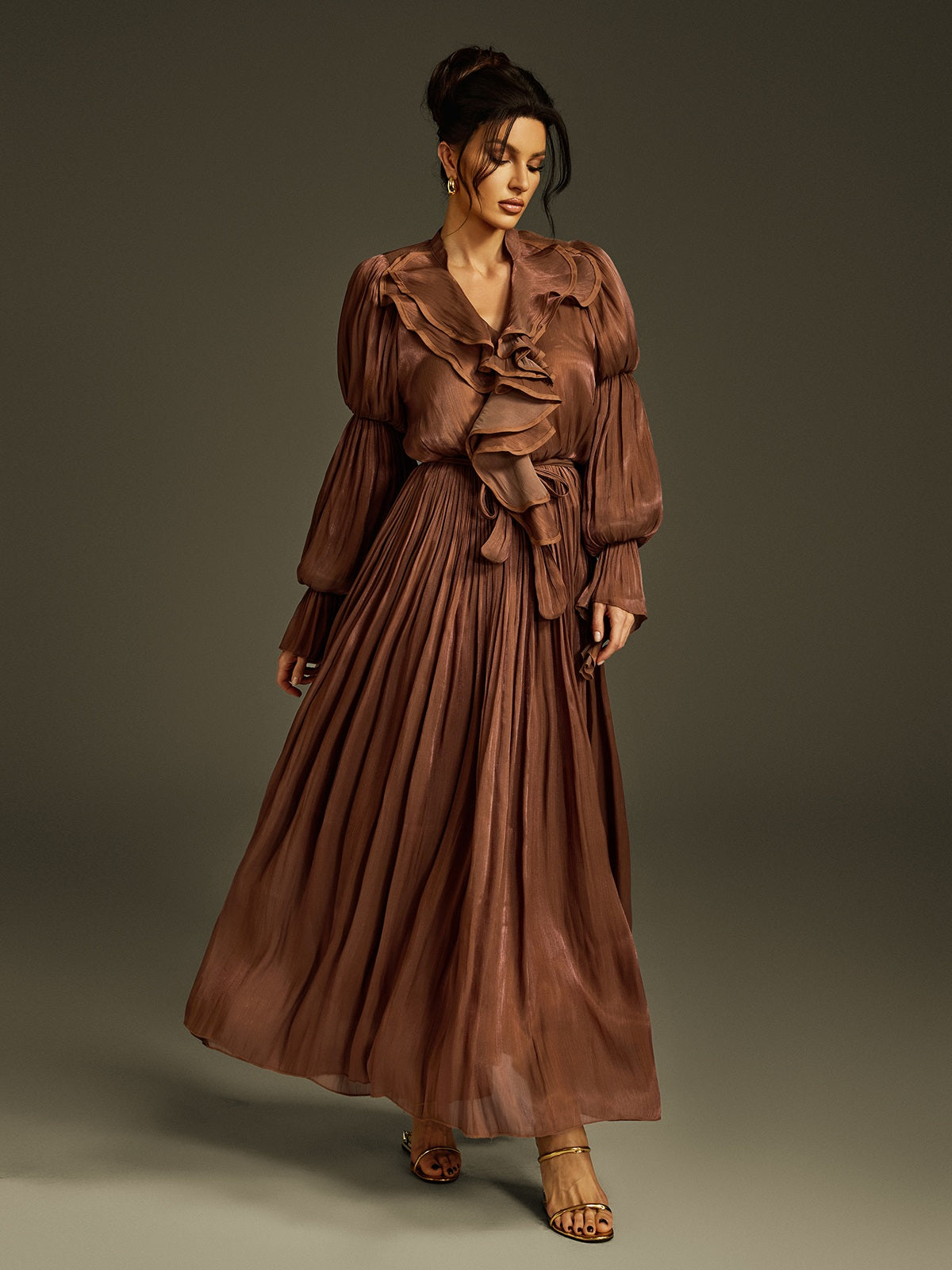 Nereus V Neck Ruffle Maxi Dress In Coffee