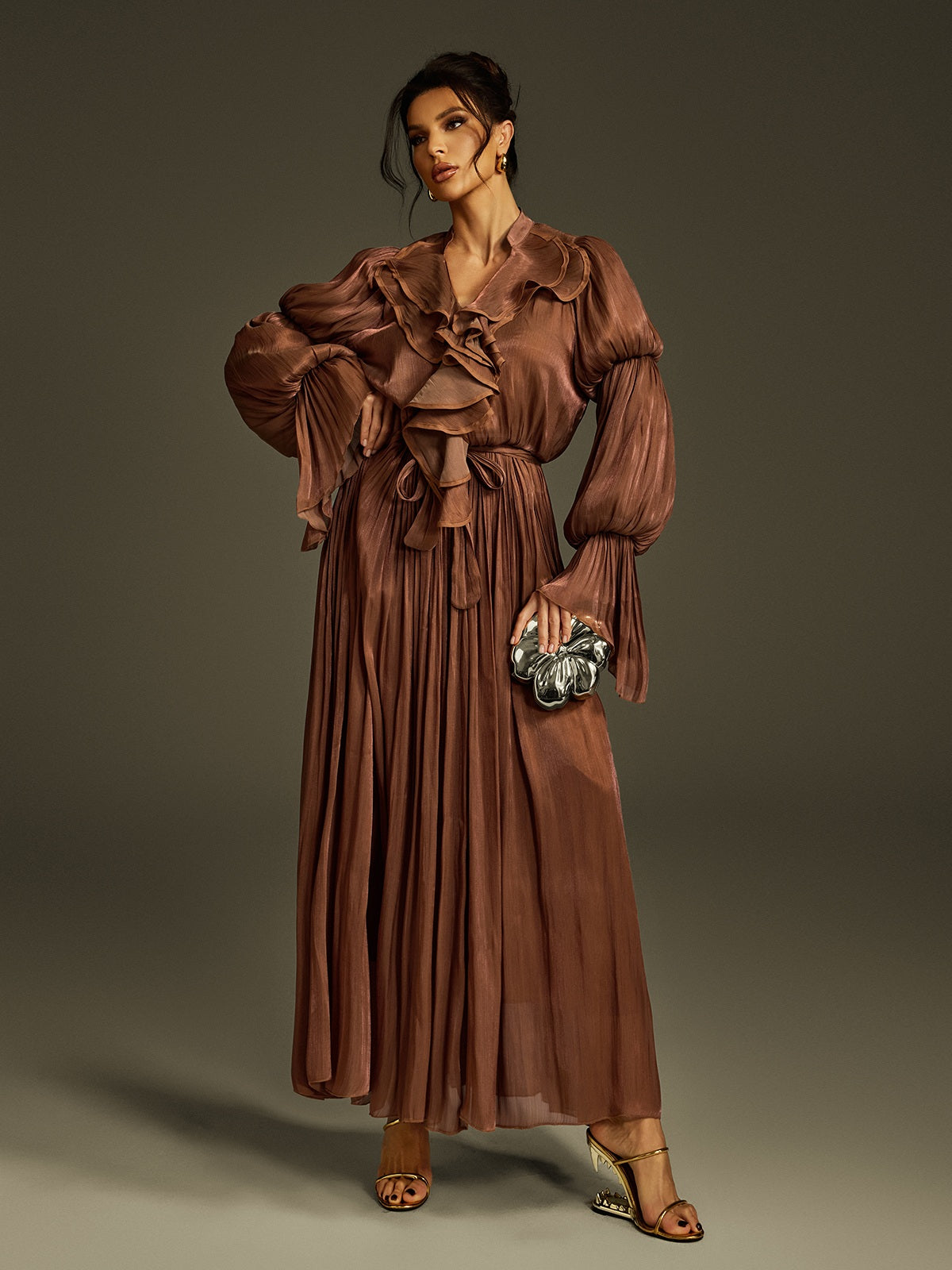 Nereus V Neck Ruffle Maxi Dress In Coffee
