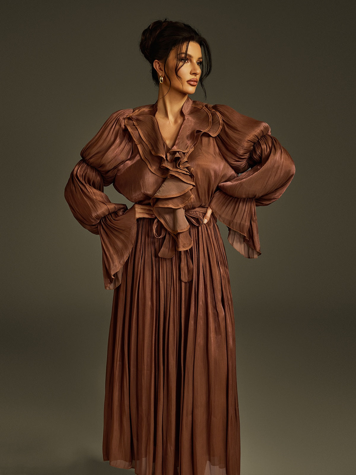 Nereus V Neck Ruffle Maxi Dress In Coffee