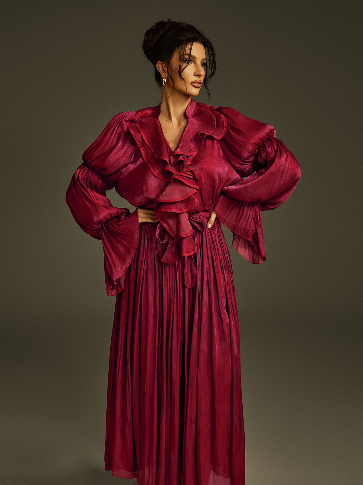 Nereus V Neck Ruffle Maxi Dress In Wine
