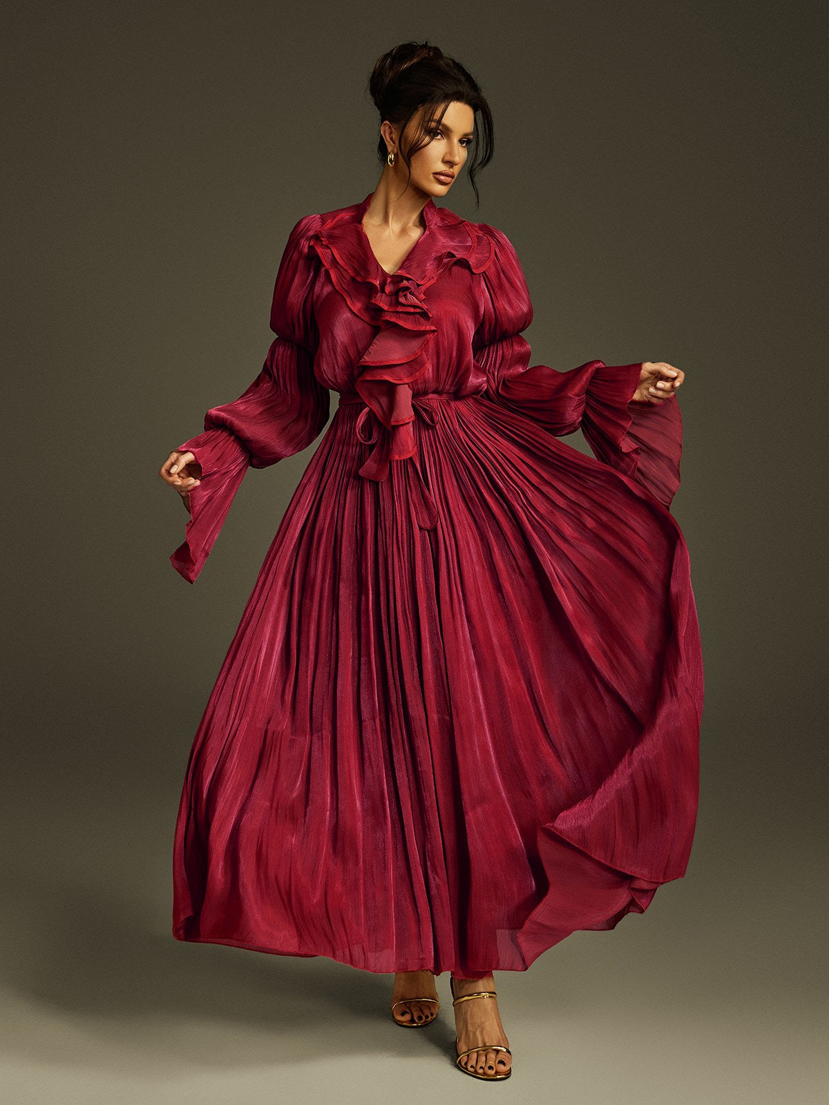 Nereus V Neck Ruffle Maxi Dress In Wine