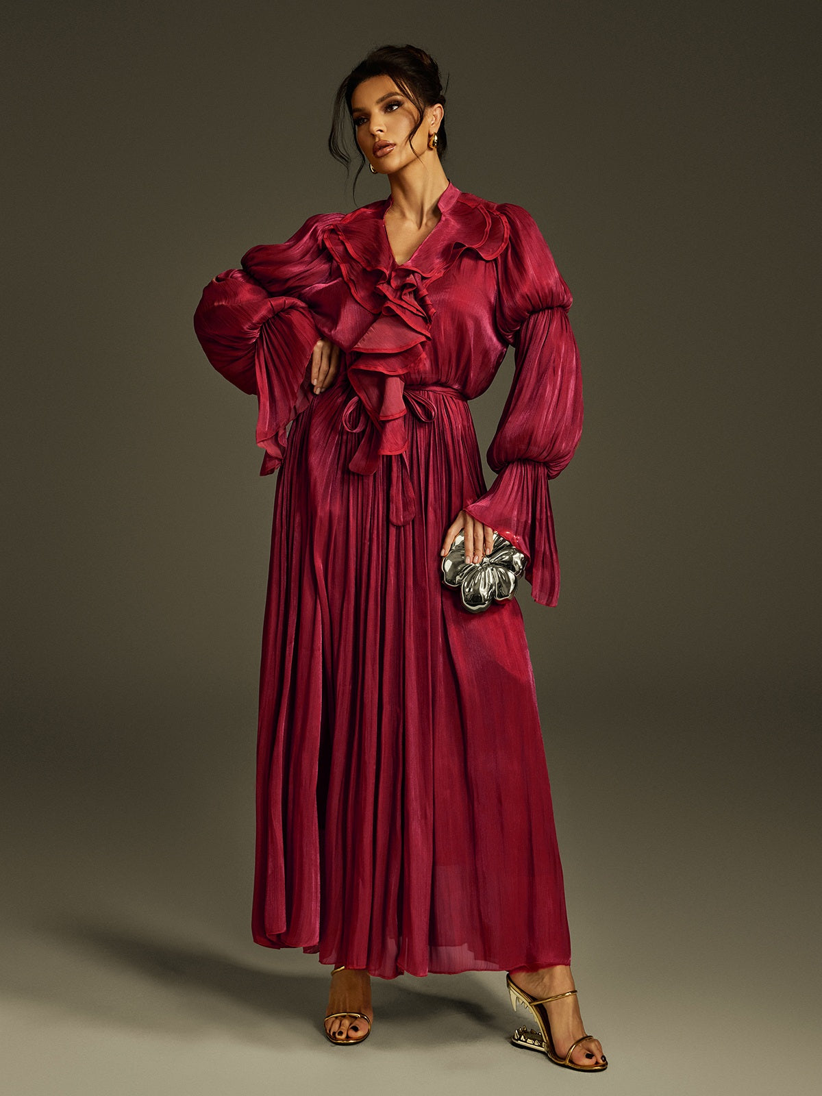 Nereus V Neck Ruffle Maxi Dress In Wine