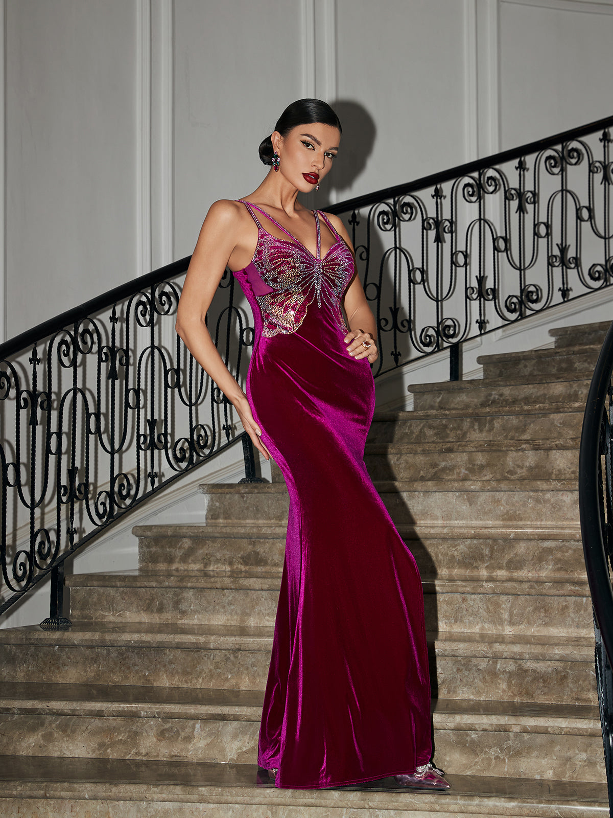 Nolan Butterfly Rhinestone Velvet Dress