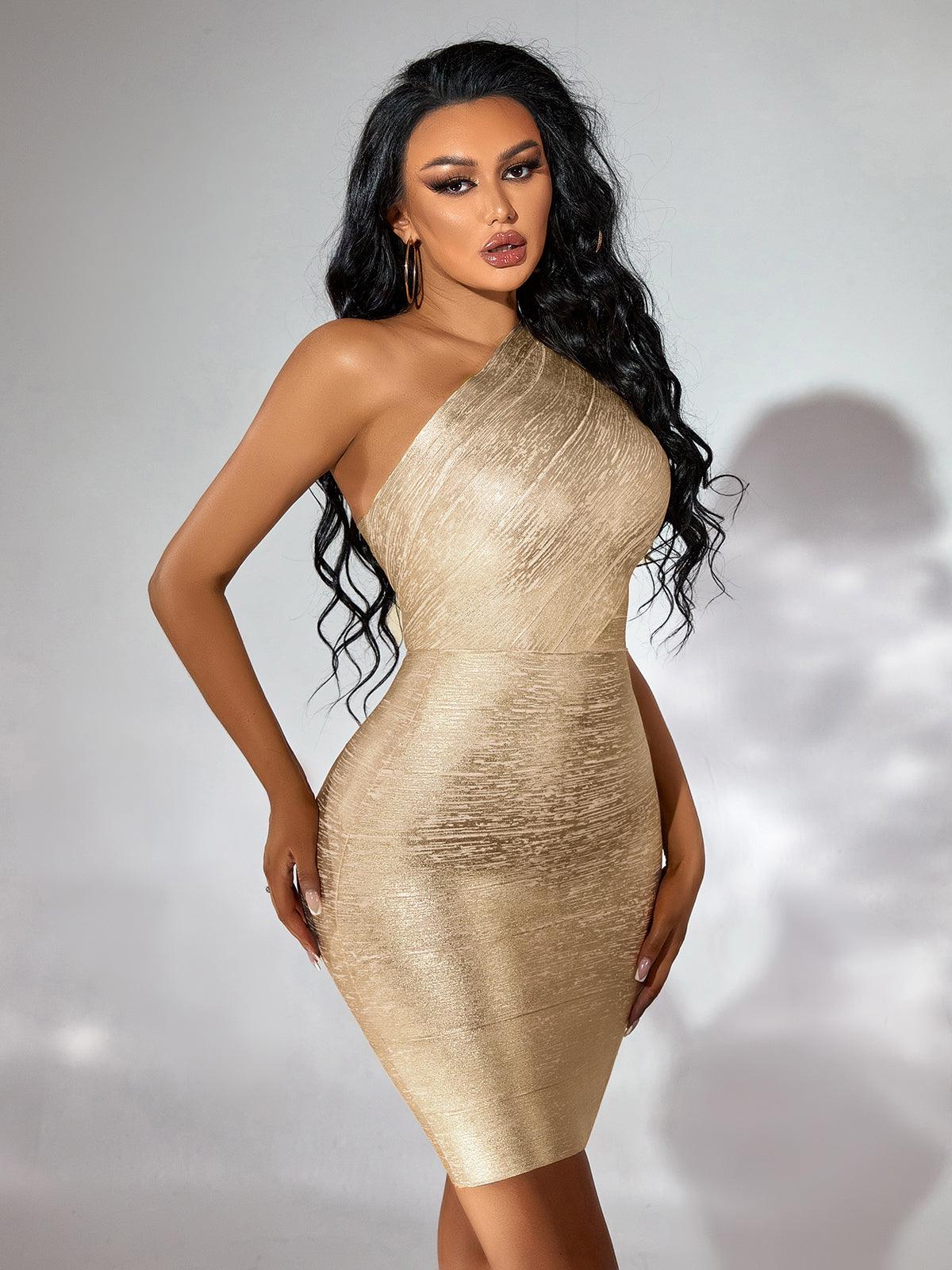 Novah Metallic Gold One Shoulder Bandage Dress
