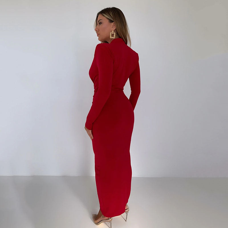 Irregular Long Skirt Long Sleeve Waist Pleated Dress