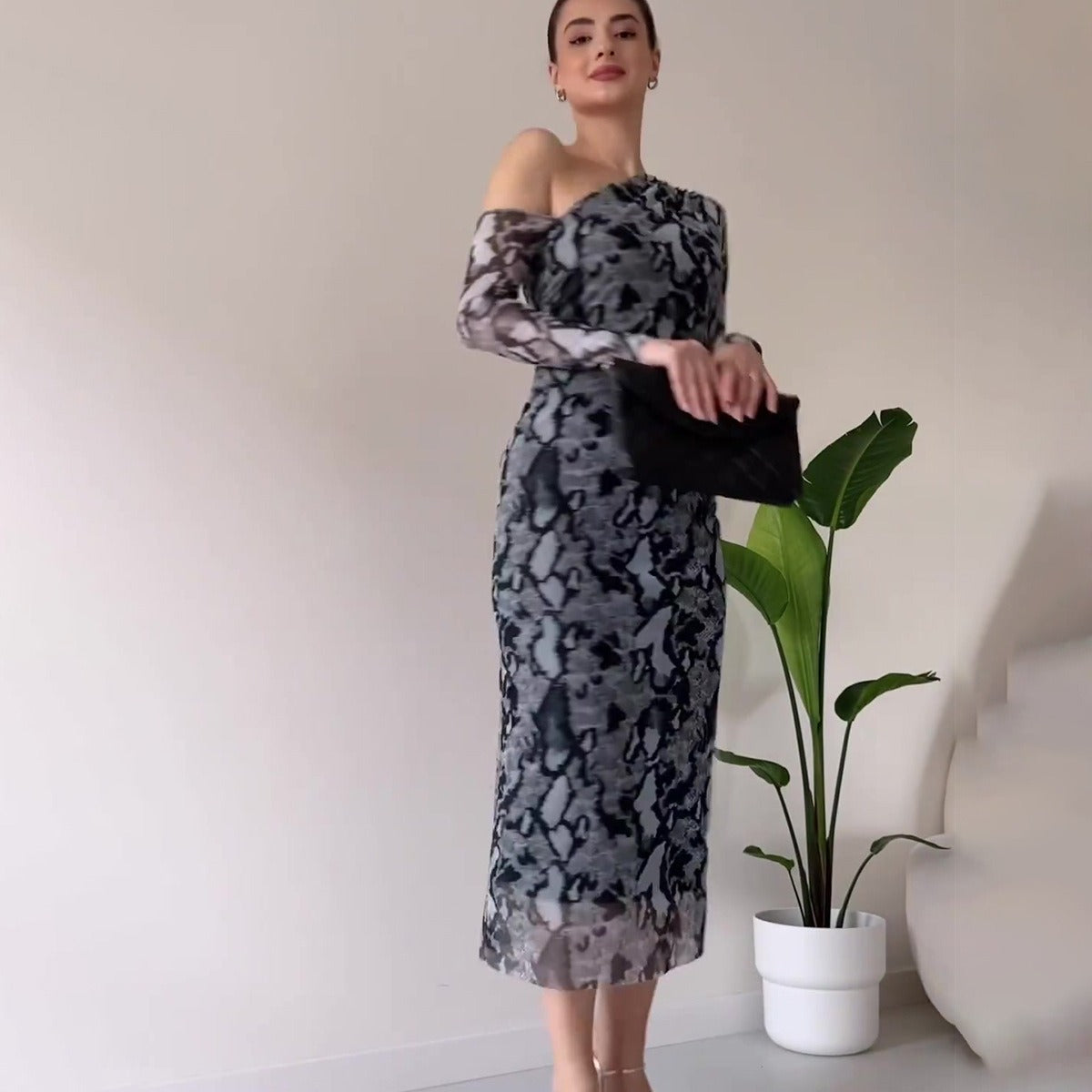 Snake Skin Long Sleeve Narrow Fit Dress