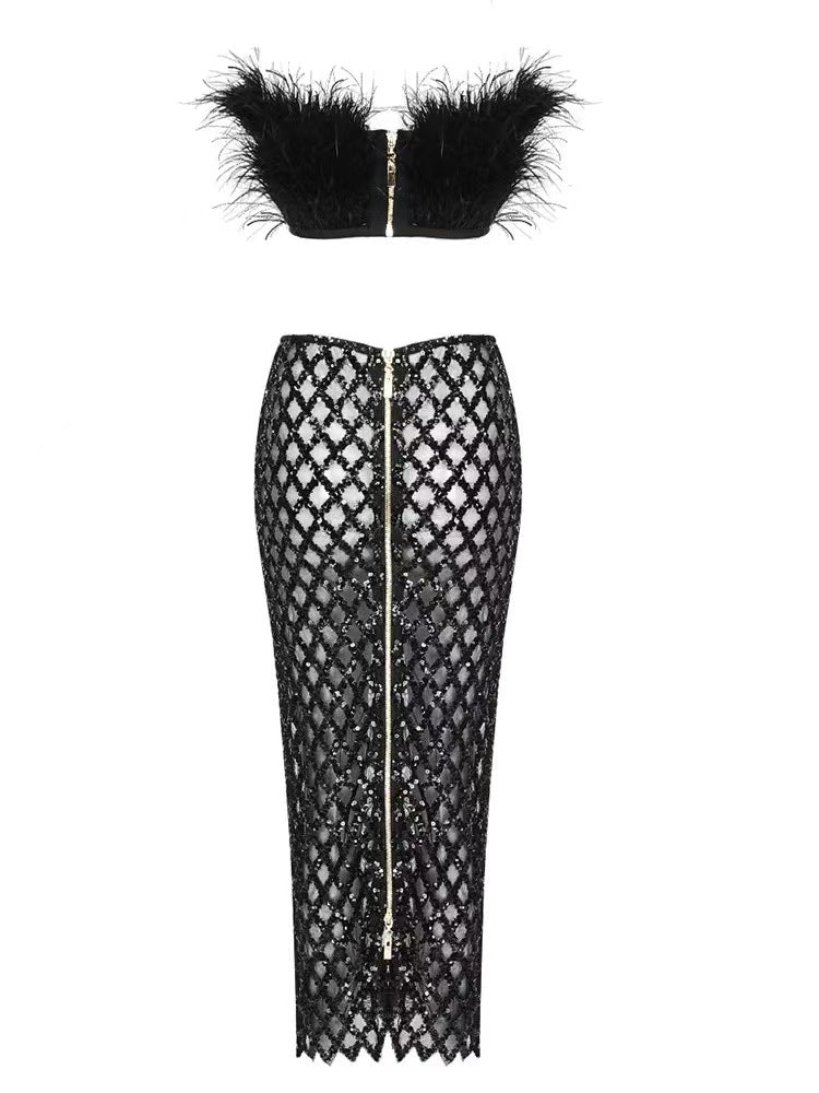 Feather Trim Tube Top and Sequined Sheer Skirt Set