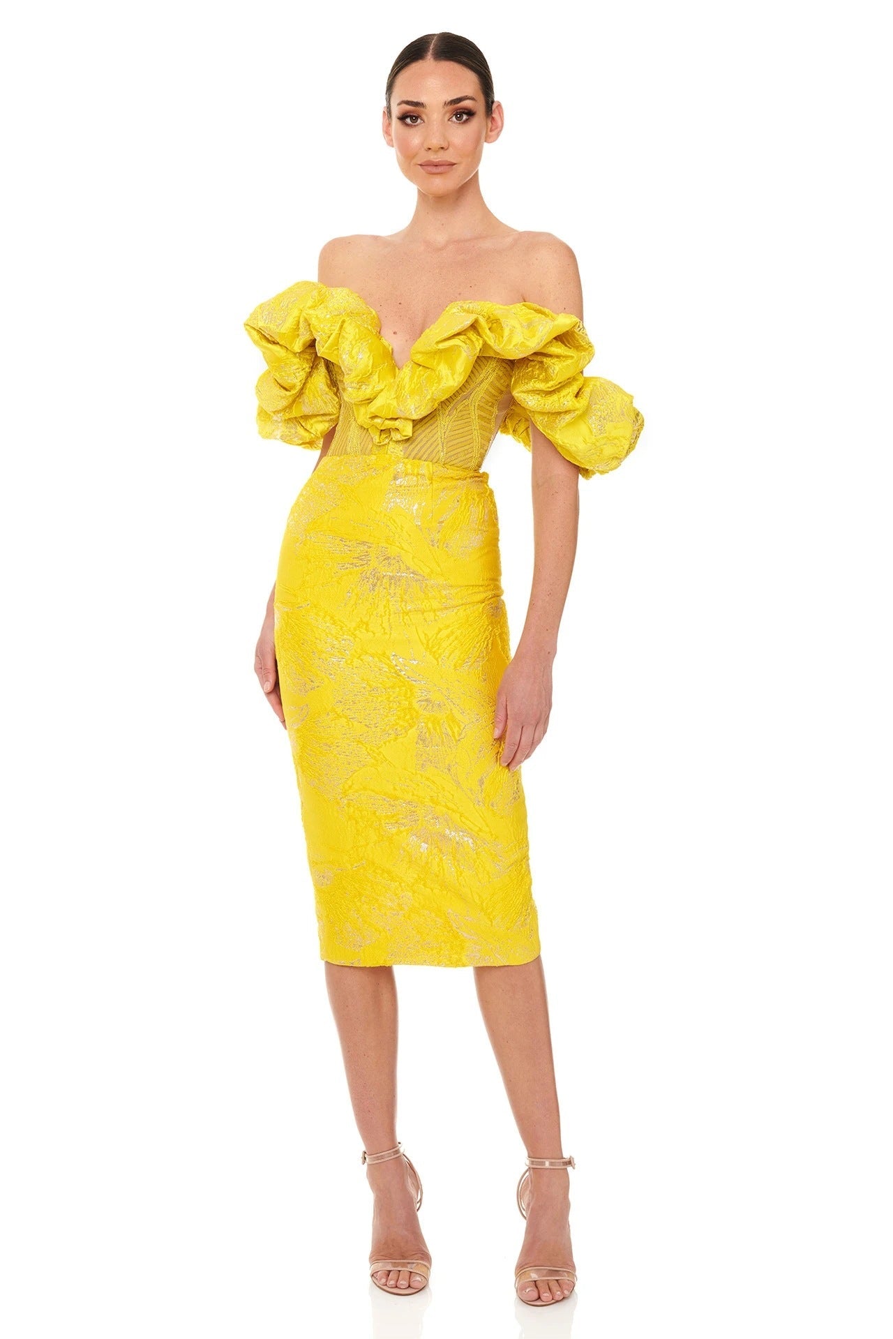 Elegant Jacquard Wrap Midi Celeb Dress