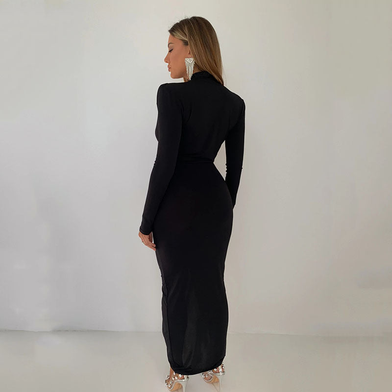 Irregular Long Skirt Long Sleeve Waist Pleated Dress
