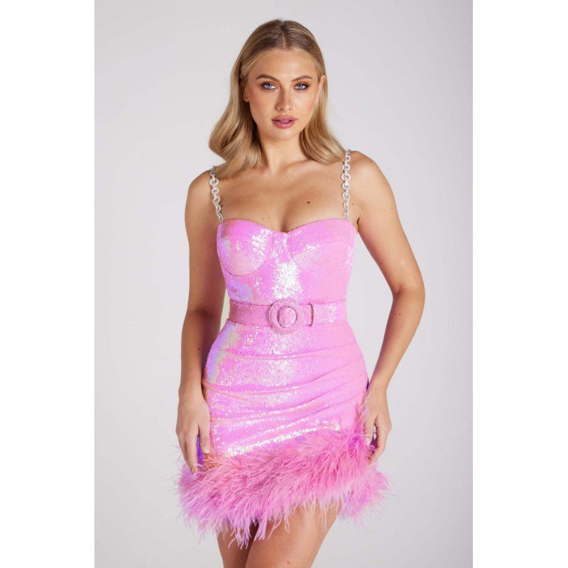 Gorgeous Fur Belt Sequin Slip Dress