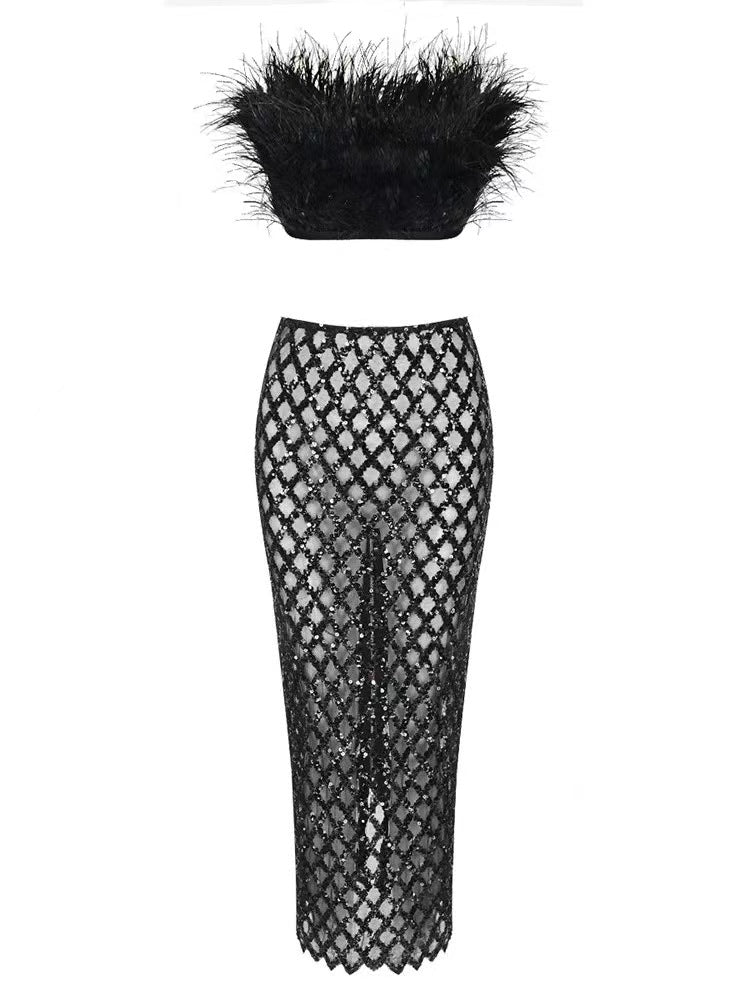 Feather Trim Tube Top and Sequined Sheer Skirt Set