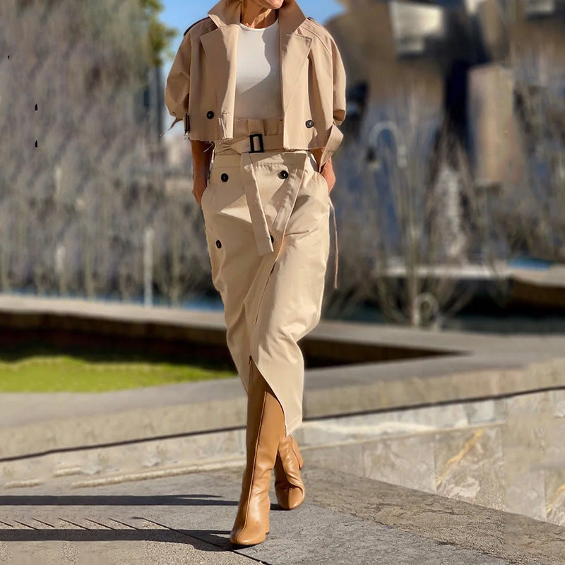 Elegant Button Belt Suit Skirt Sets