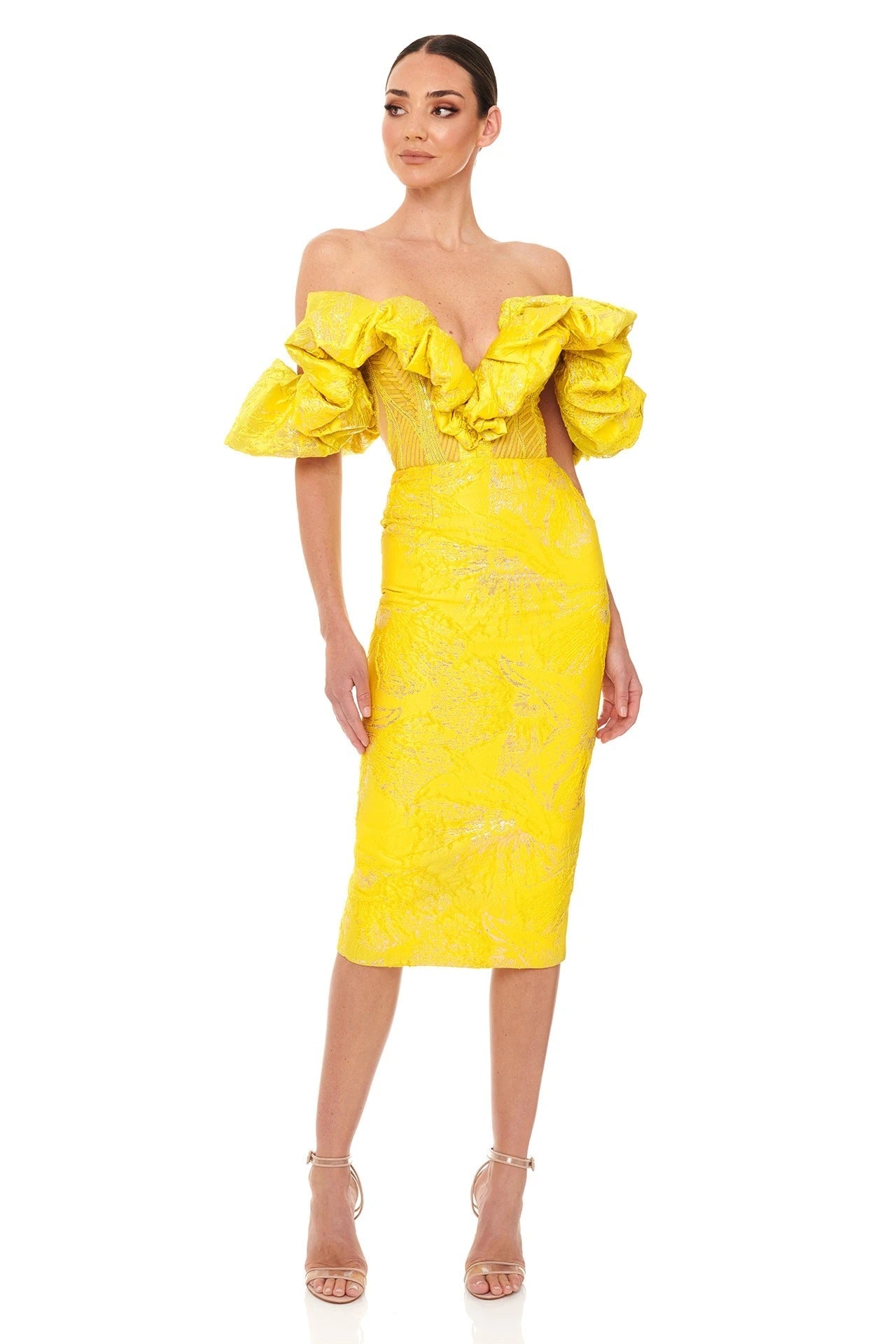 Elegant Jacquard Wrap Midi Celeb Dress