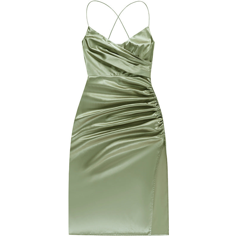 Satin V-neck Side Gathered Dress-Green