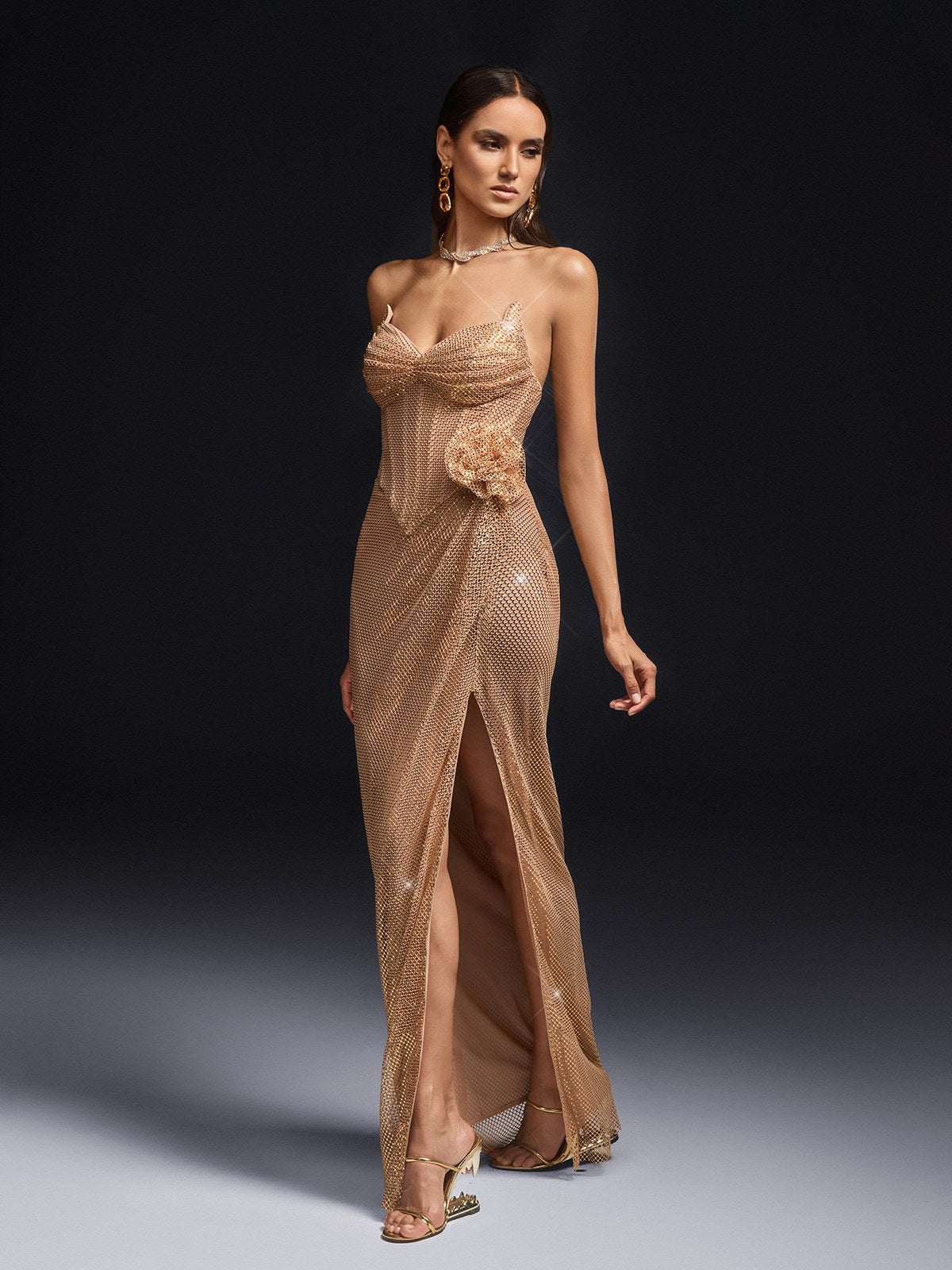 Olencia Strapless Rhinestone Flower Maxi Dress