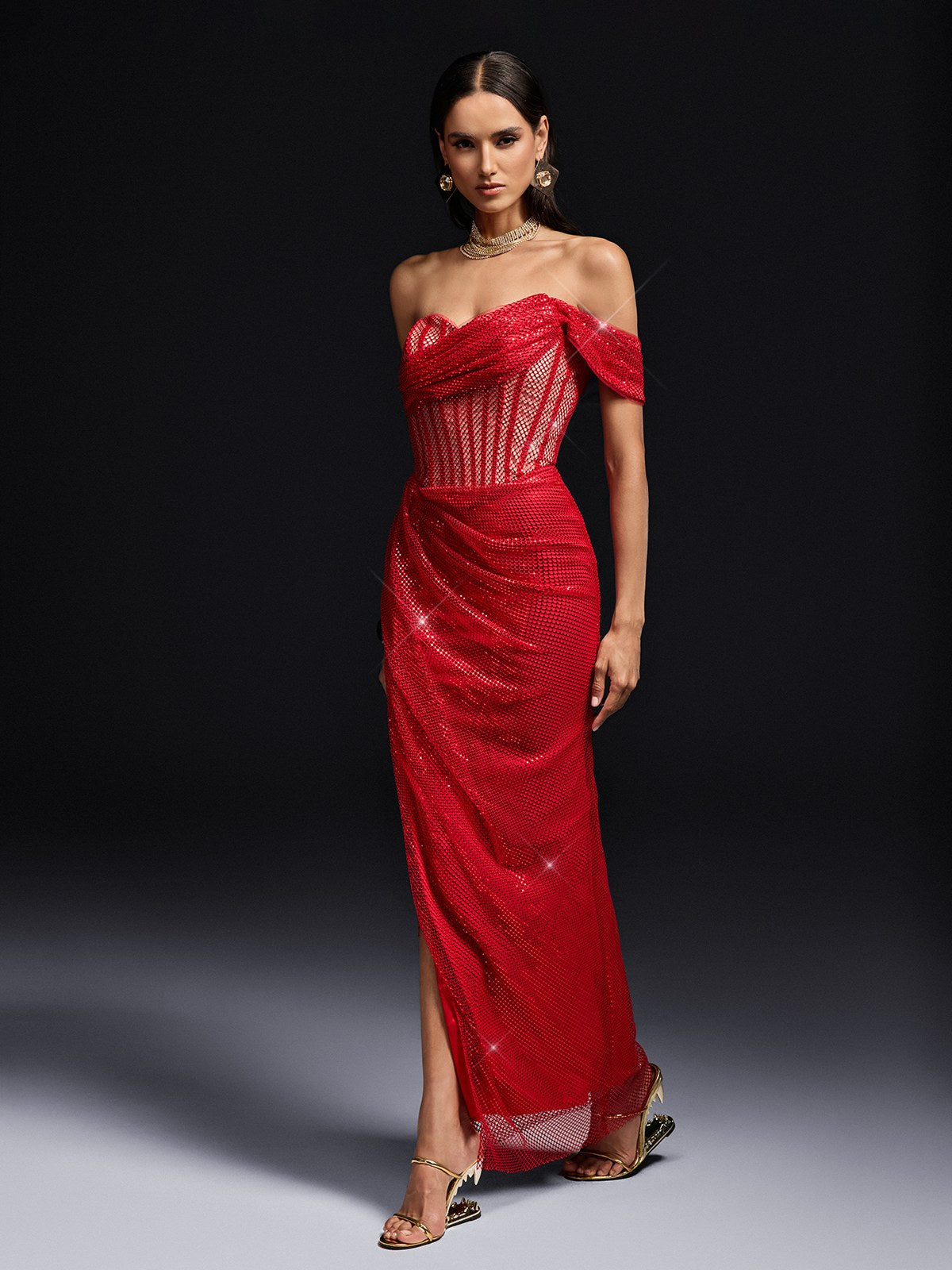 Olesia One Shoulder Rhinestone Maxi Dress