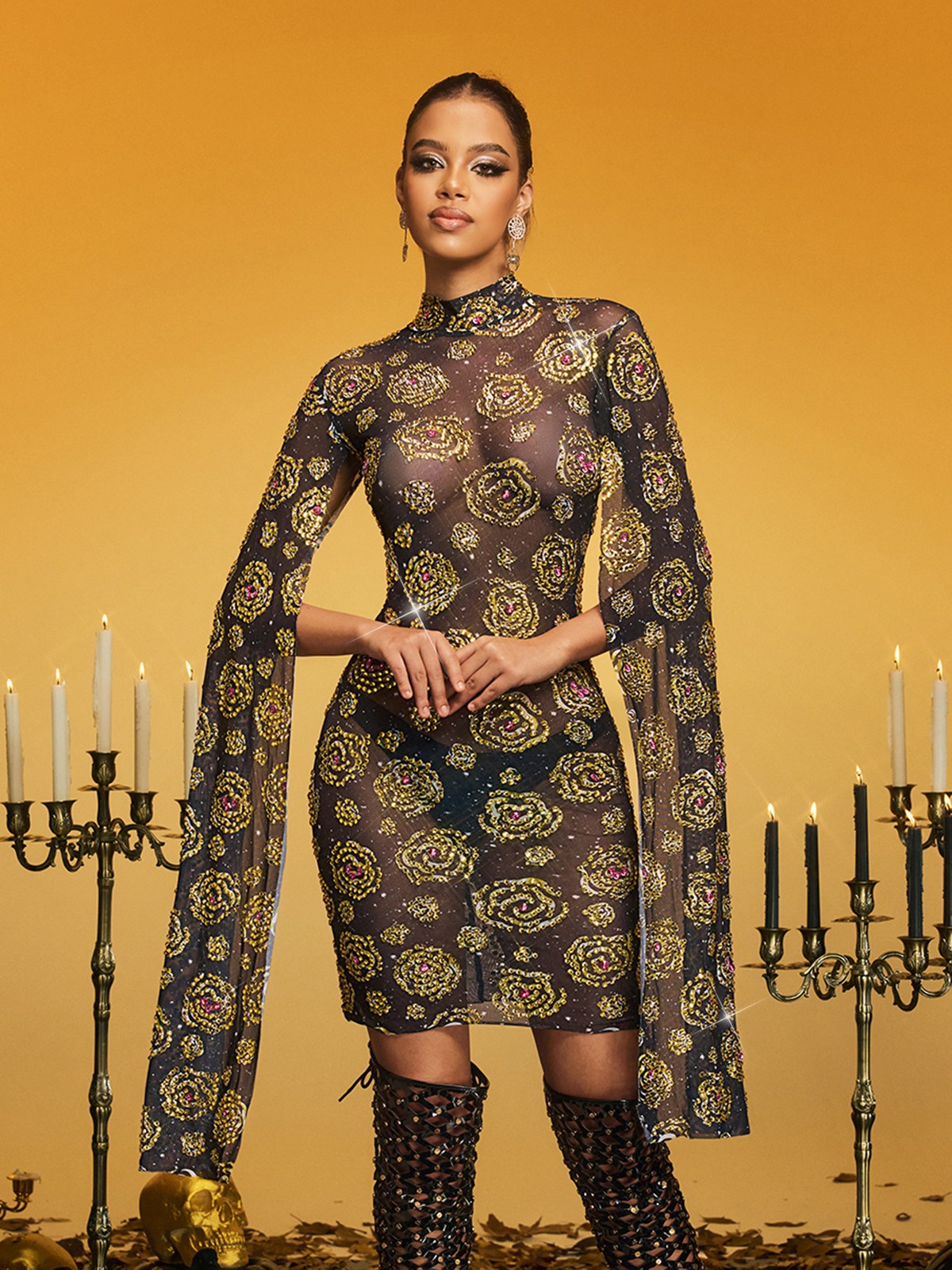 Olthrion Cape Sleeve Rose Rhinestone Mini Dress