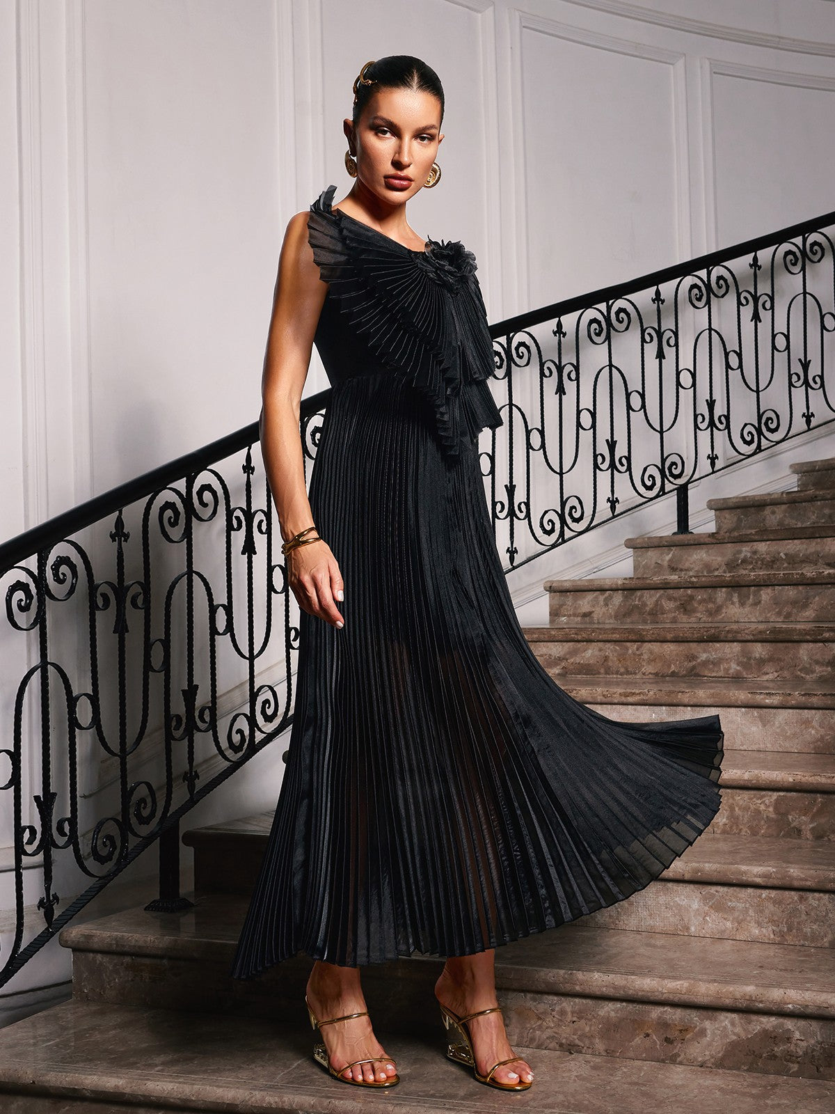Olwen Spaghetti Bow Flower Ruched Dress