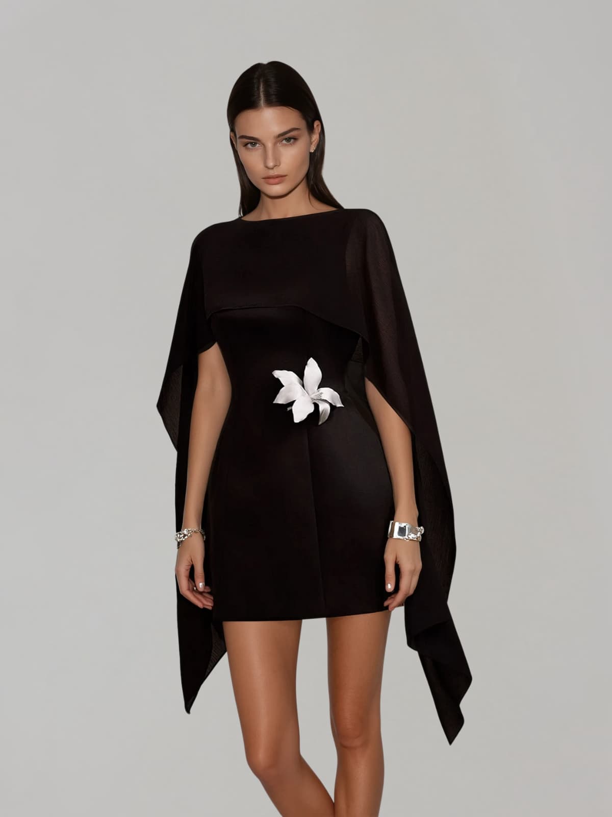 Olyon Shawl Flower Mini Dress In Black