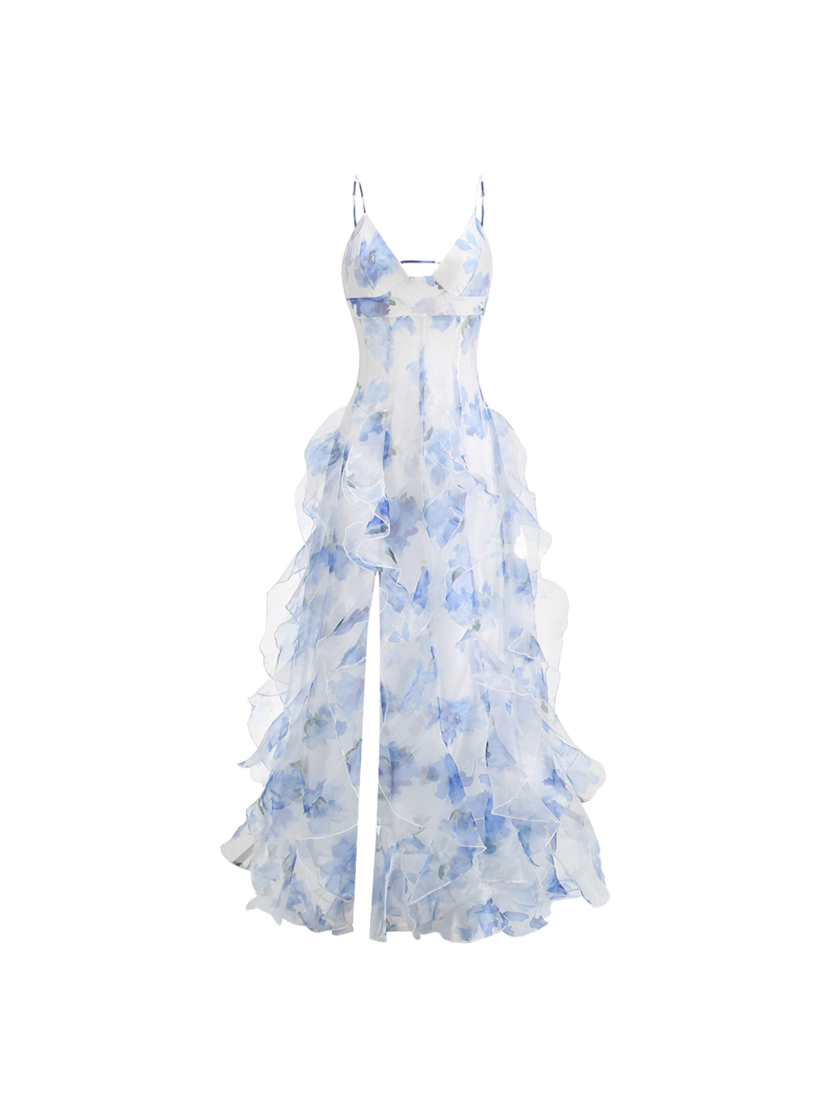 Omana Spaghetti Floral Split Ruffle Maxi Dress