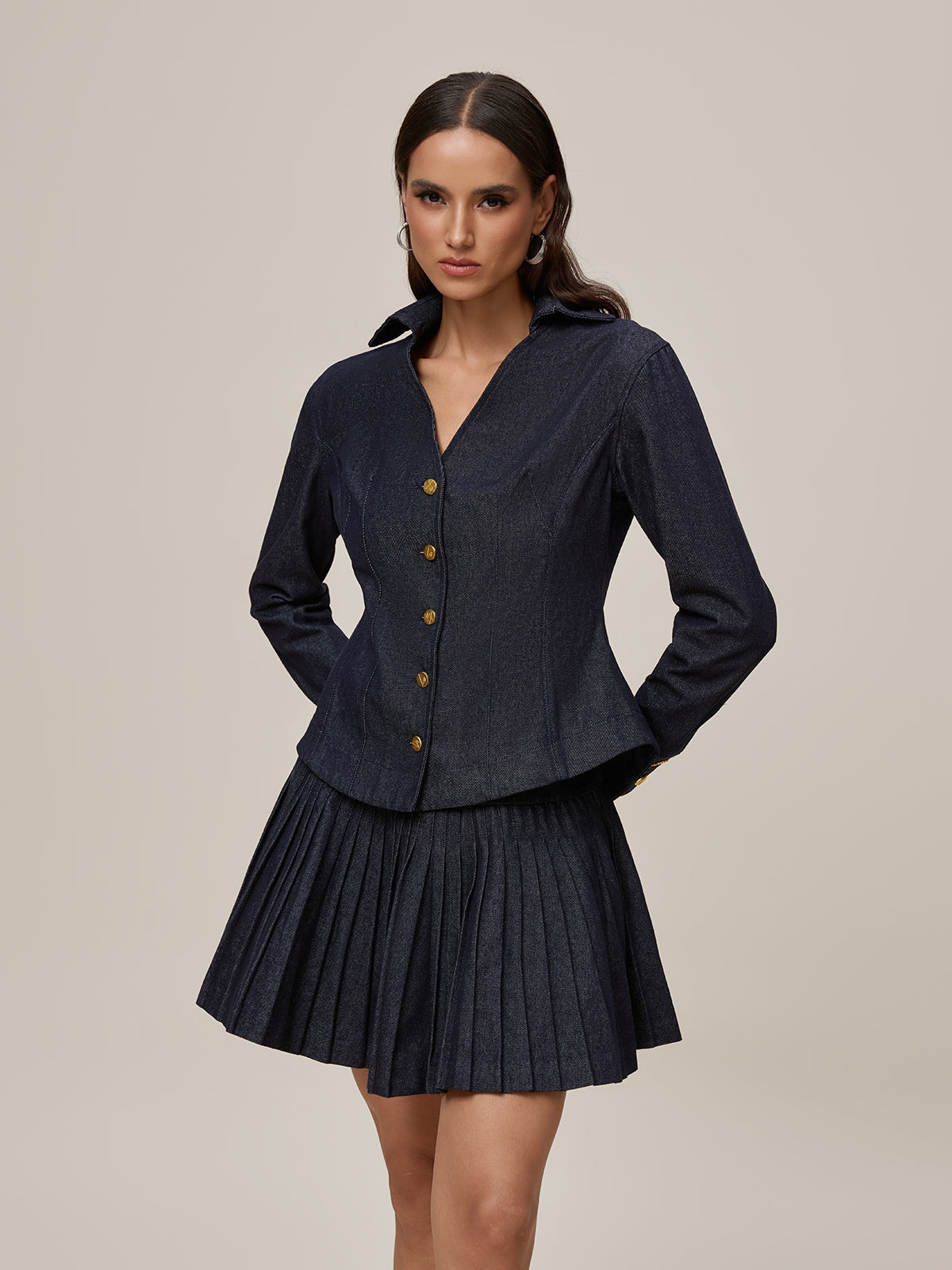 Onaedo V Neck Pleated Denim Skirt Set